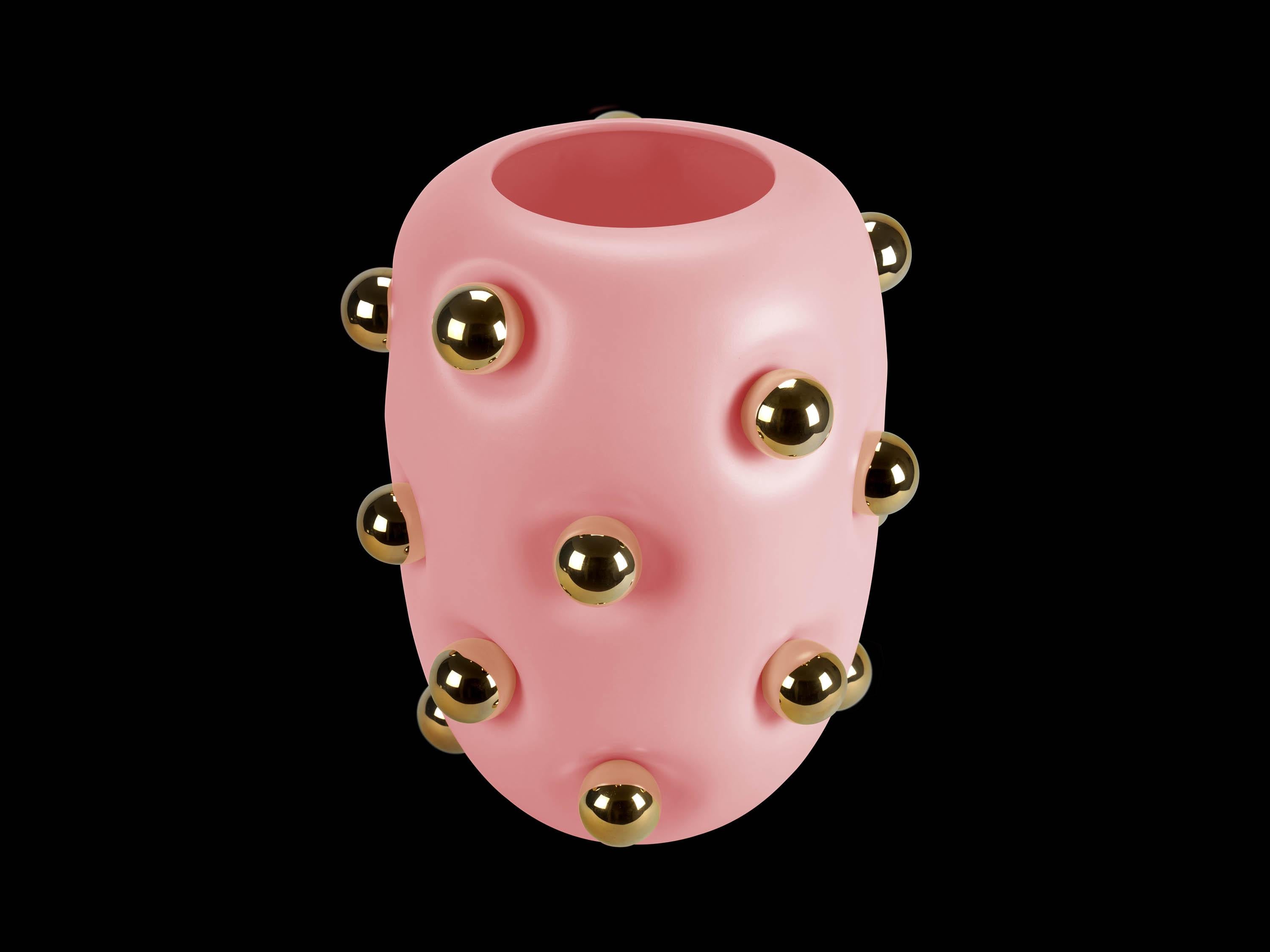 Matte White Ceramic Vase with Gold Spheres, Contemporary Design, Made in Italy For Sale 2