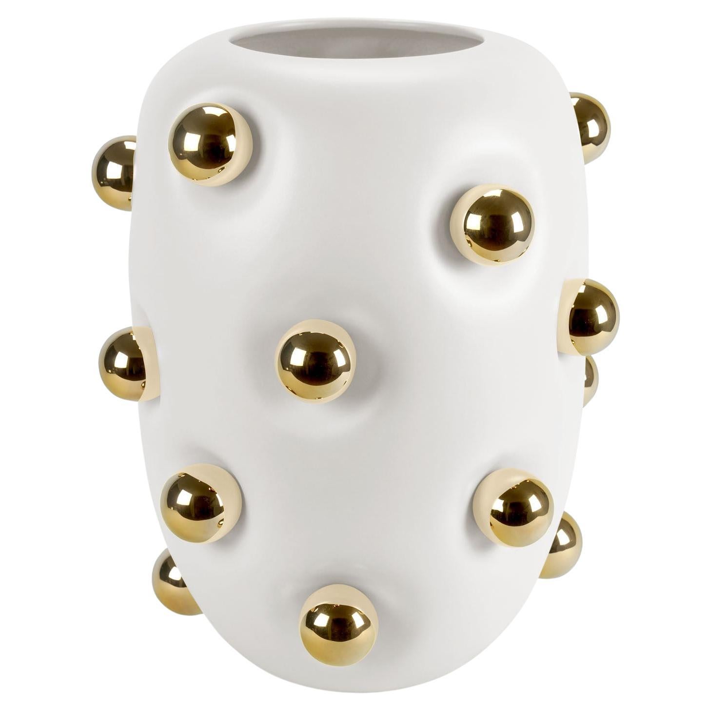 Matte White Ceramic Vase with Gold Spheres, Contemporary Design, Made in Italy For Sale