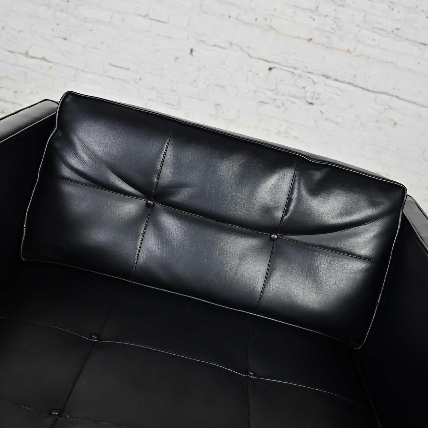 Modern Maurice Villency Black Vinyl Faux Leather Button Back Cube Club Chair For Sale 7