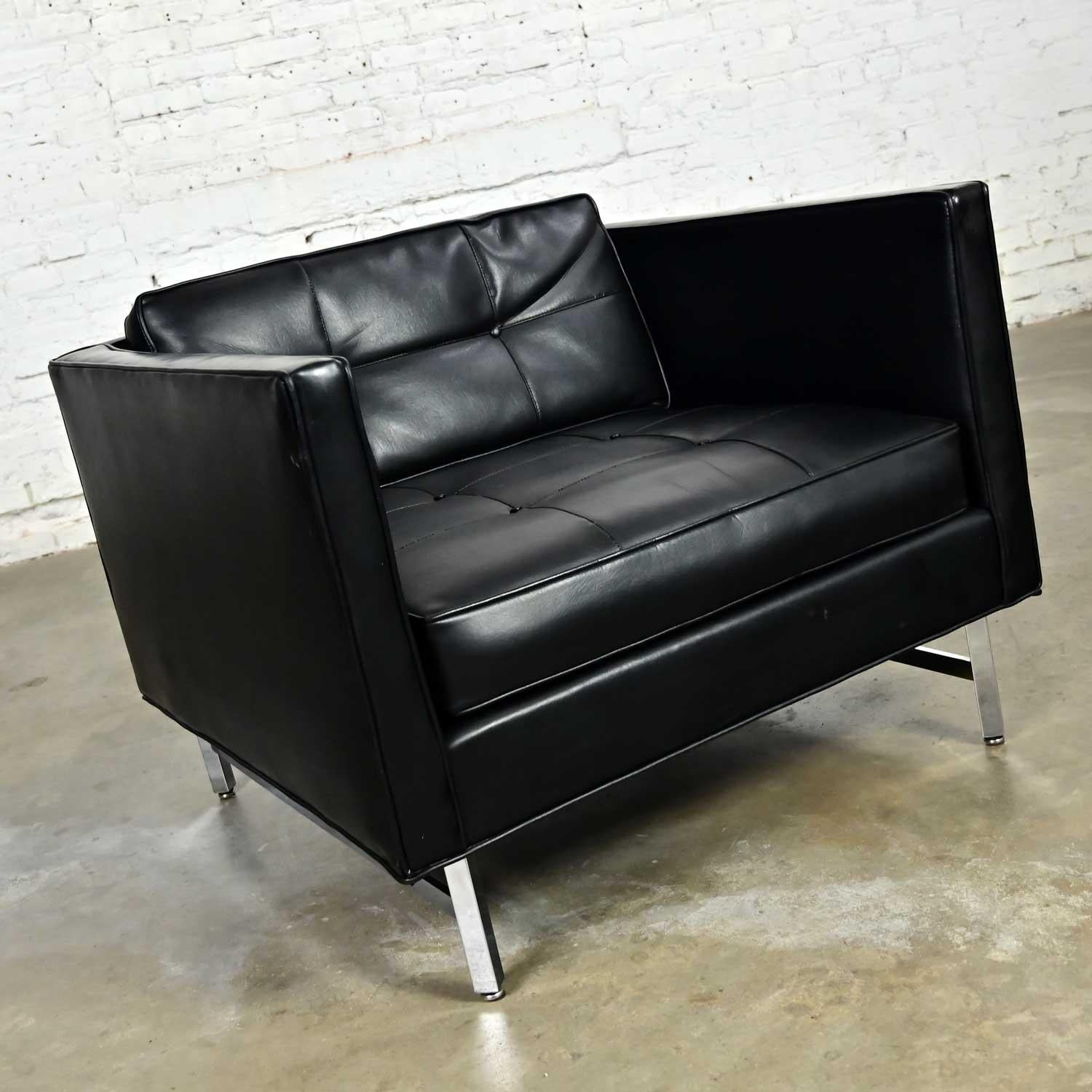 American Modern Maurice Villency Black Vinyl Faux Leather Button Back Cube Club Chair For Sale