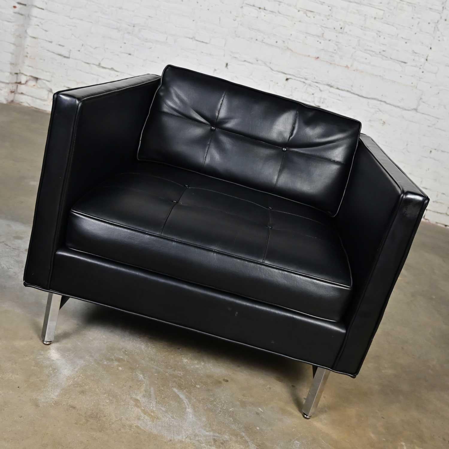 American Modern Maurice Villency Black Vinyl Faux Leather Button Back Cube Club Chair For Sale