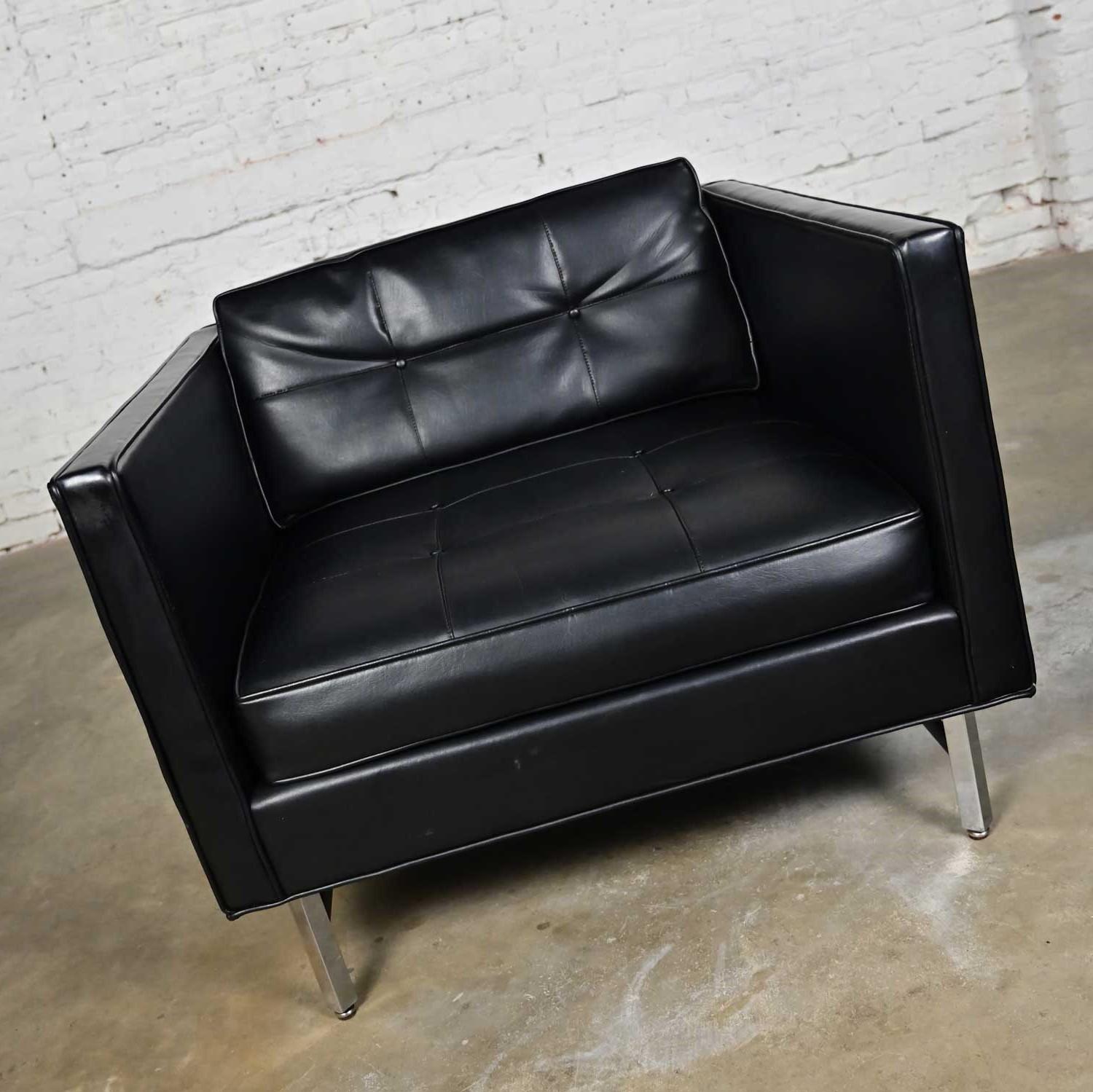 20th Century Modern Maurice Villency Black Vinyl Faux Leather Button Back Cube Club Chair For Sale