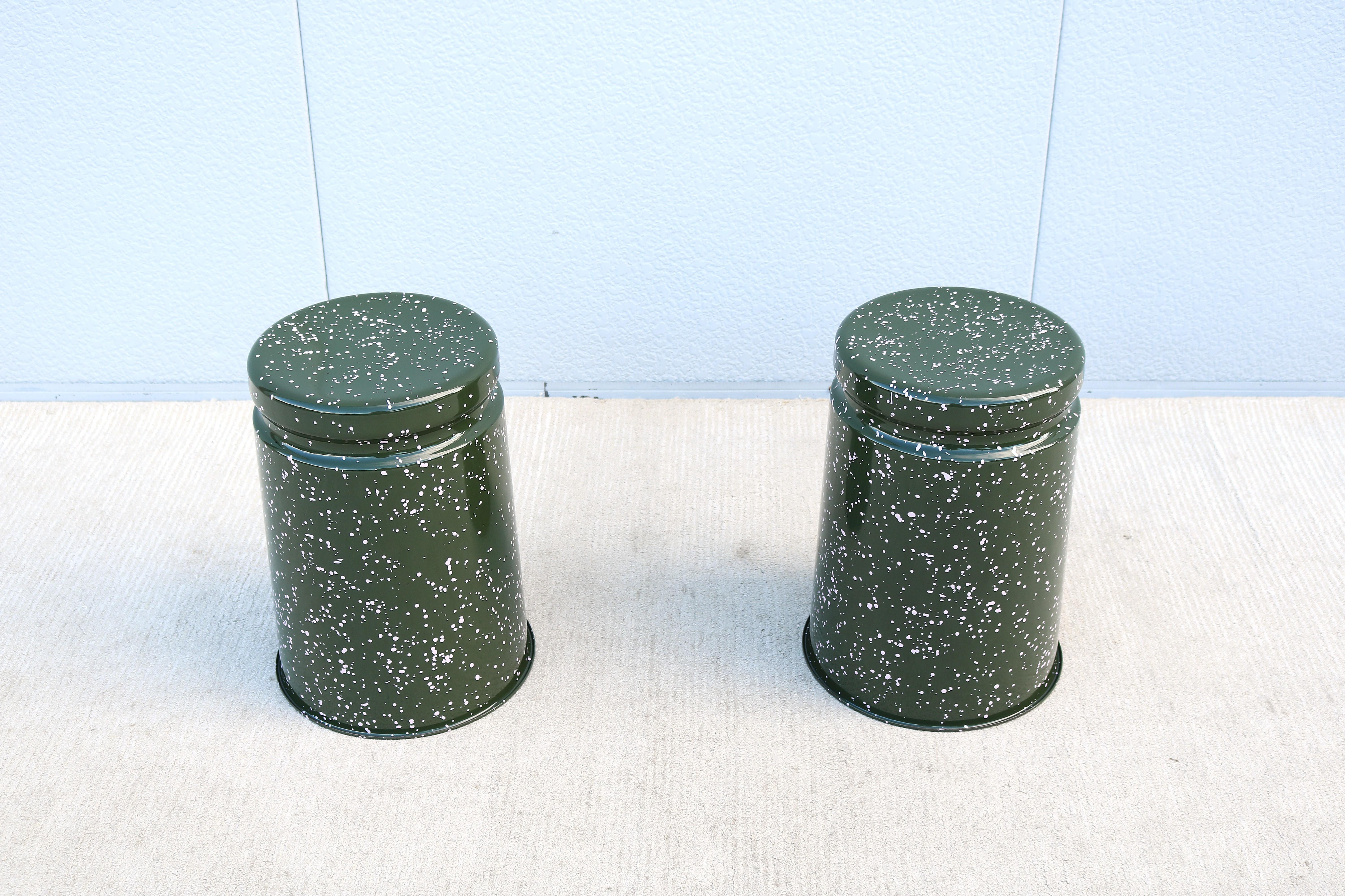 Stunning pair of Last stools in green and pink splatter designed by Max Lamb for Hem.
The stool is spun from a single sheet of metal, making it incredibly strong and durable, and the enameled finish lasts for generations.
Features a wide indentation