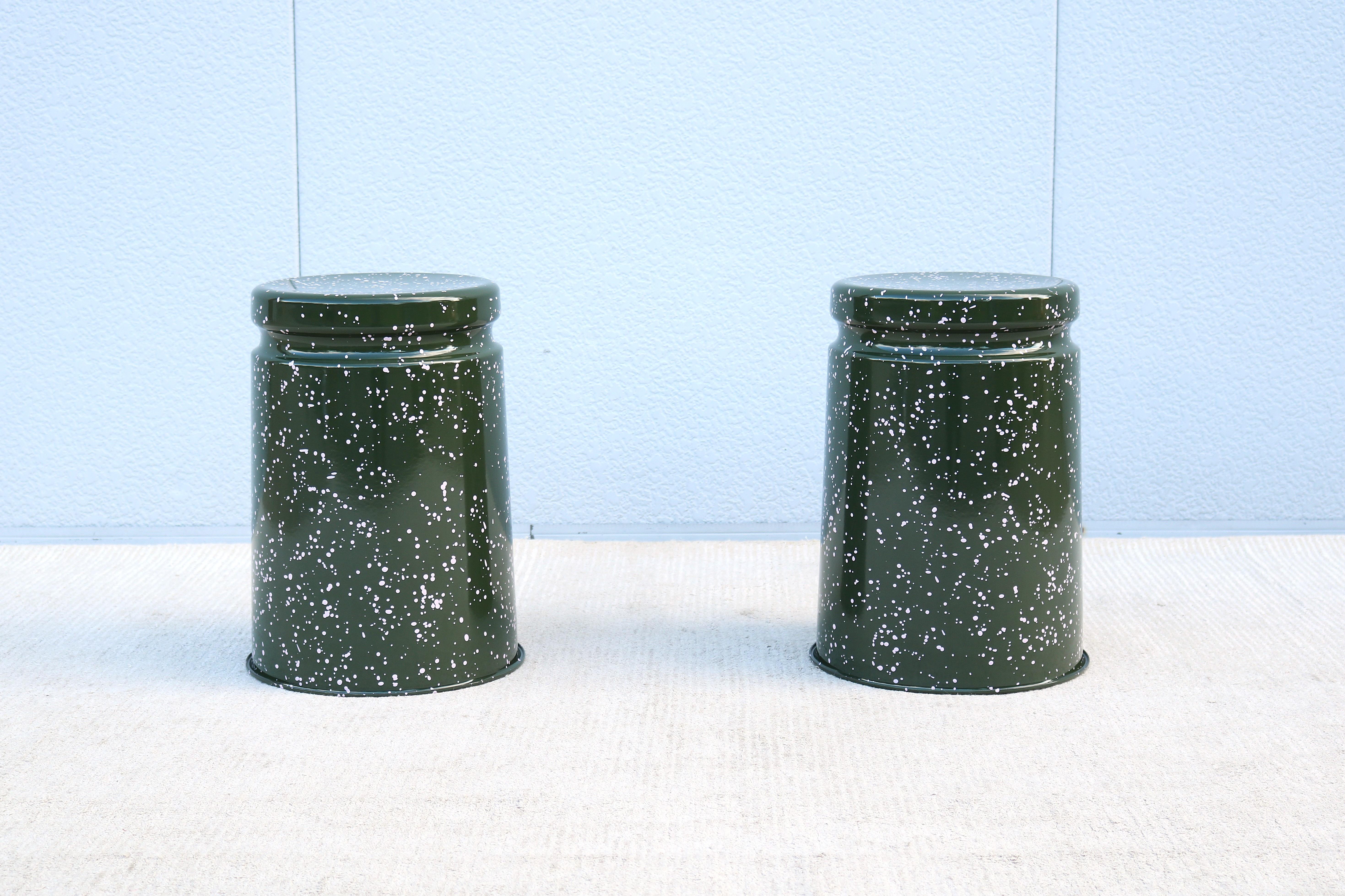 Enameled Modern Max Lamb for Hem Last Stools in Green and Pink Splatter - a Pair For Sale