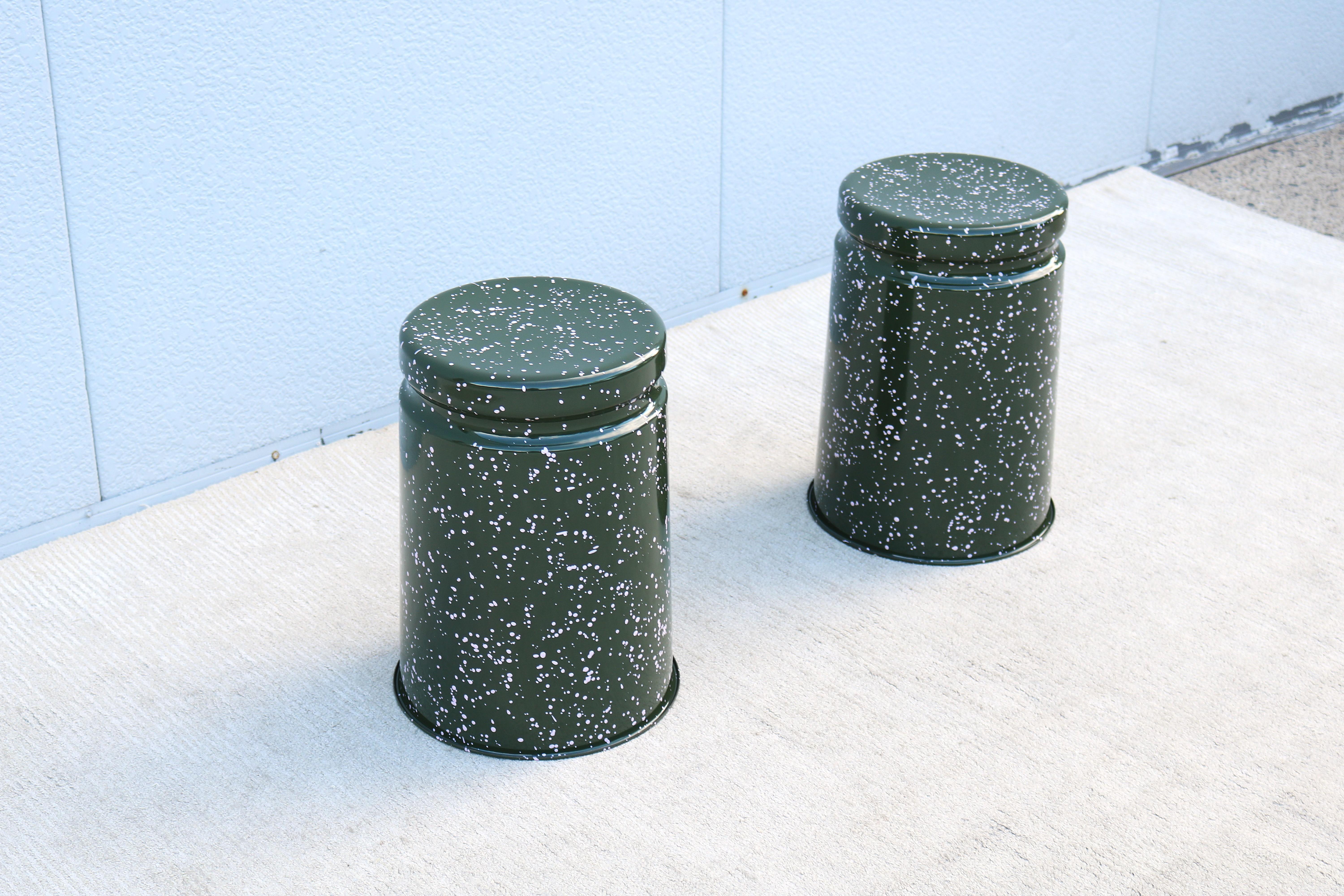 Modern Max Lamb for Hem Last Stools in Green and Pink Splatter - a Pair In New Condition For Sale In Secaucus, NJ