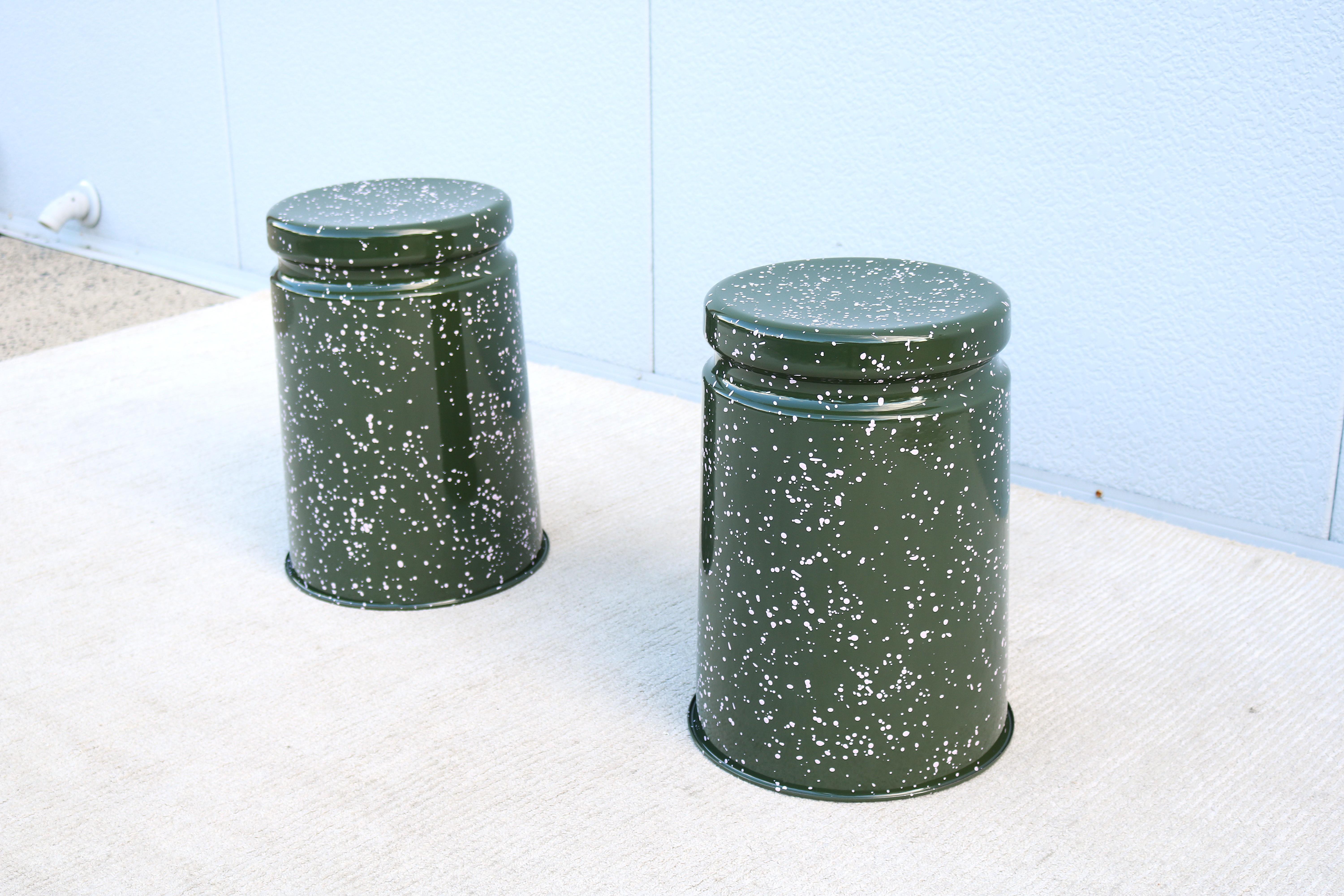 Contemporary Modern Max Lamb for Hem Last Stools in Green and Pink Splatter - a Pair For Sale