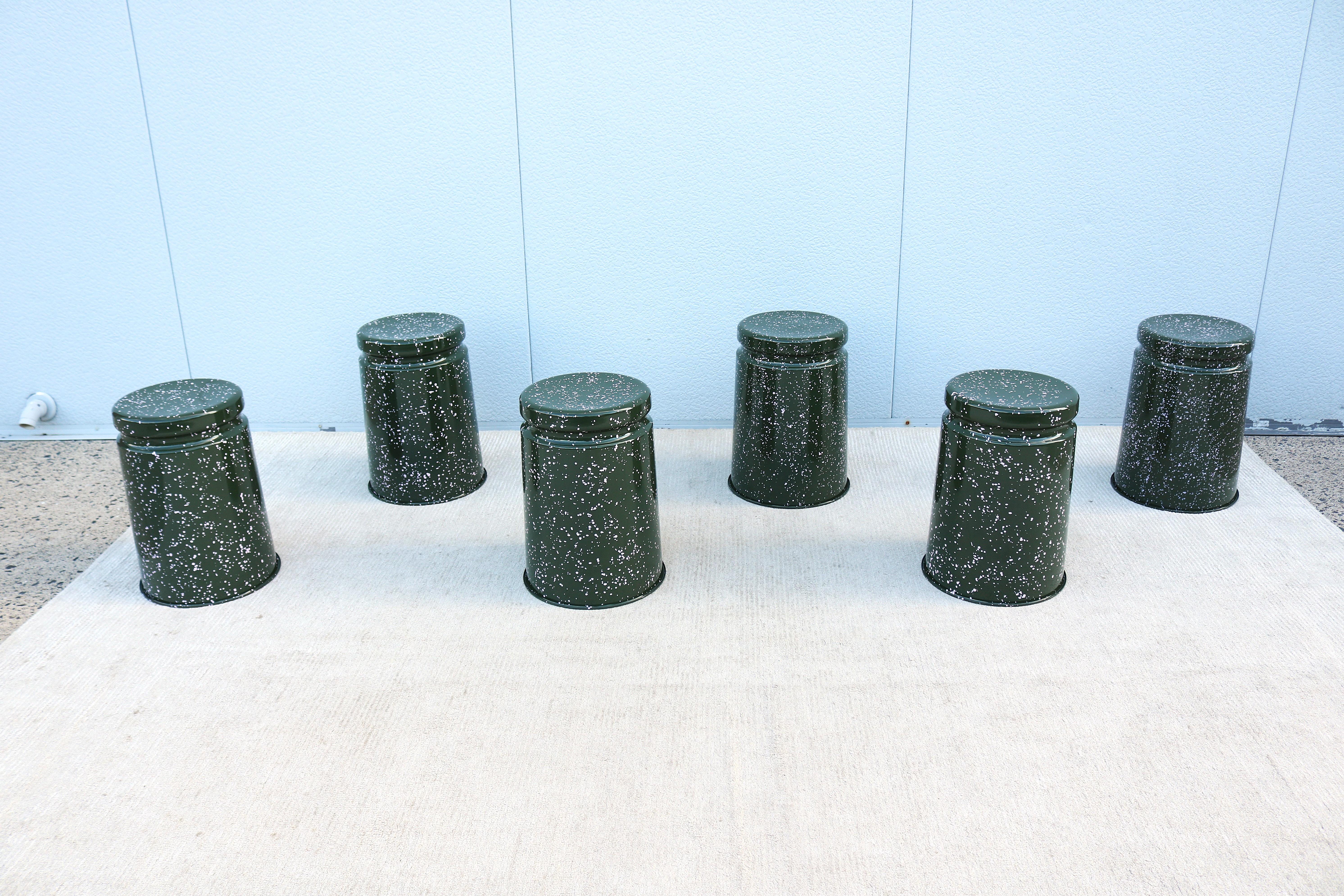 Steel Modern Max Lamb for Hem Last Stools in Green and Pink Splatter - a Pair For Sale