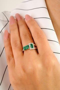 Modern May Birthstone Natural Emerald Halo Diamond Bypass Ring in 14k White Gold