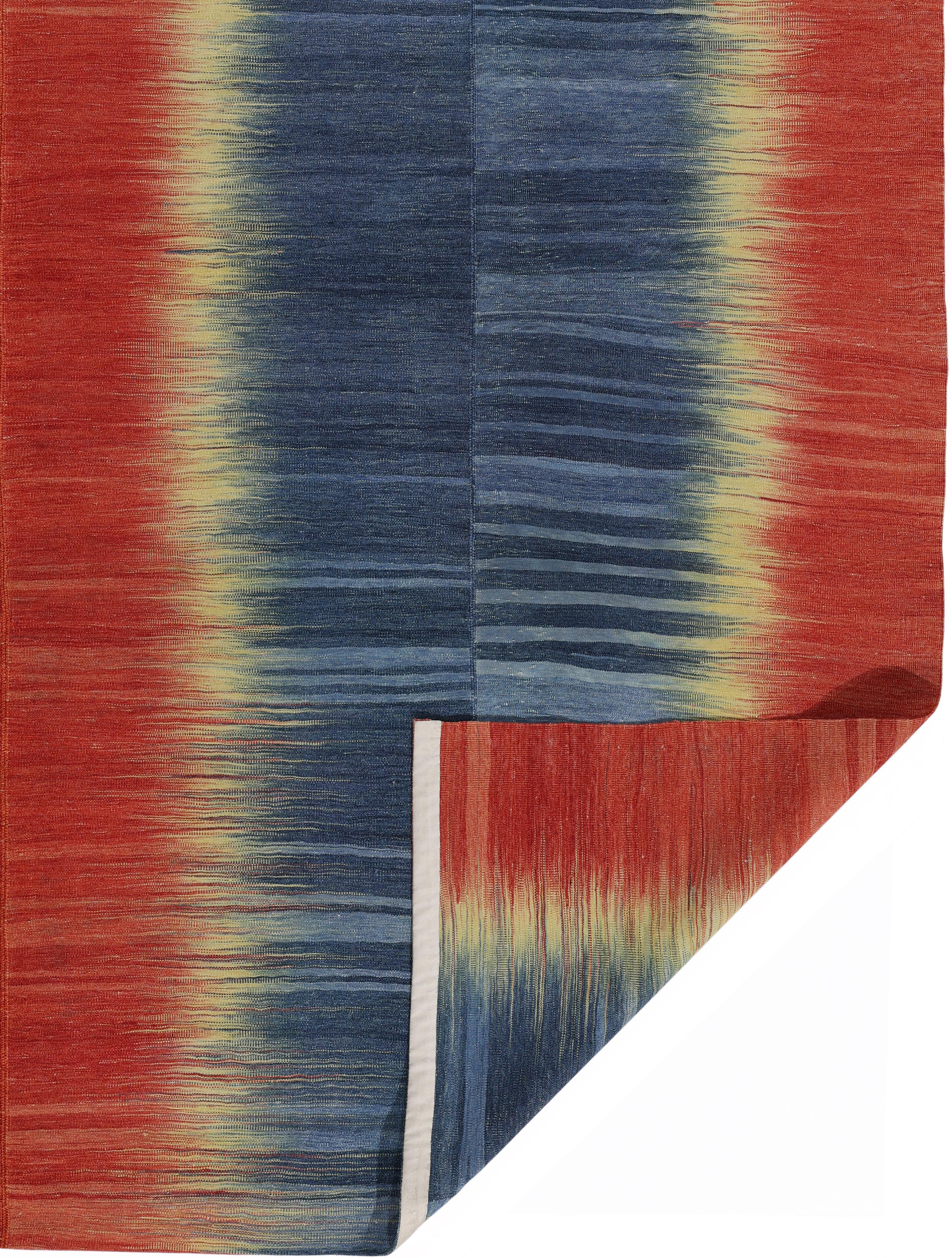 Alfombra Persa Mazandaran de Tejido Plano en Degradado Rojo, Azul Indigo y Dorado Lana en venta