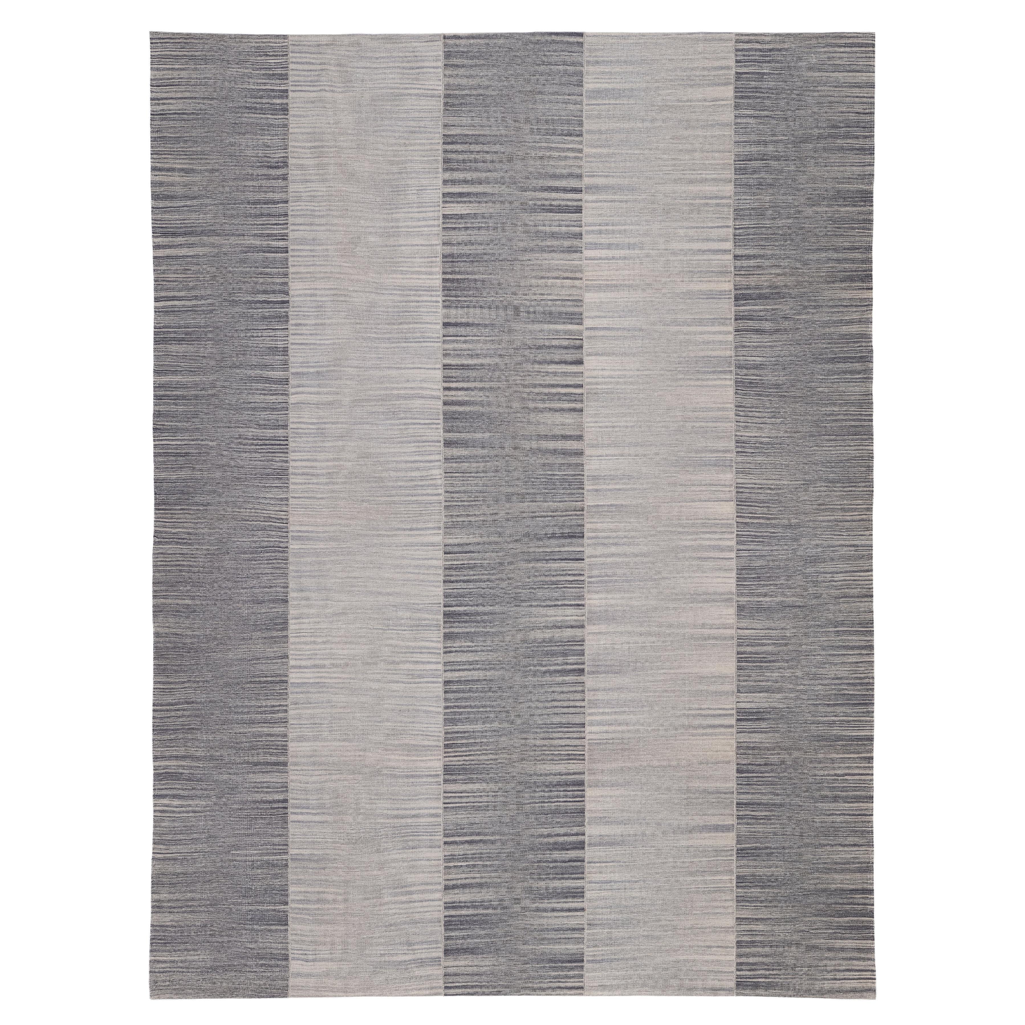 Modern Mazandaran Flatweave — Hand-Spun Wool, Natural Gray Striped Design