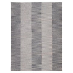 Modern Mazandaran Flatweave — Hand-Spun Wool, Natural Gray Striped Design