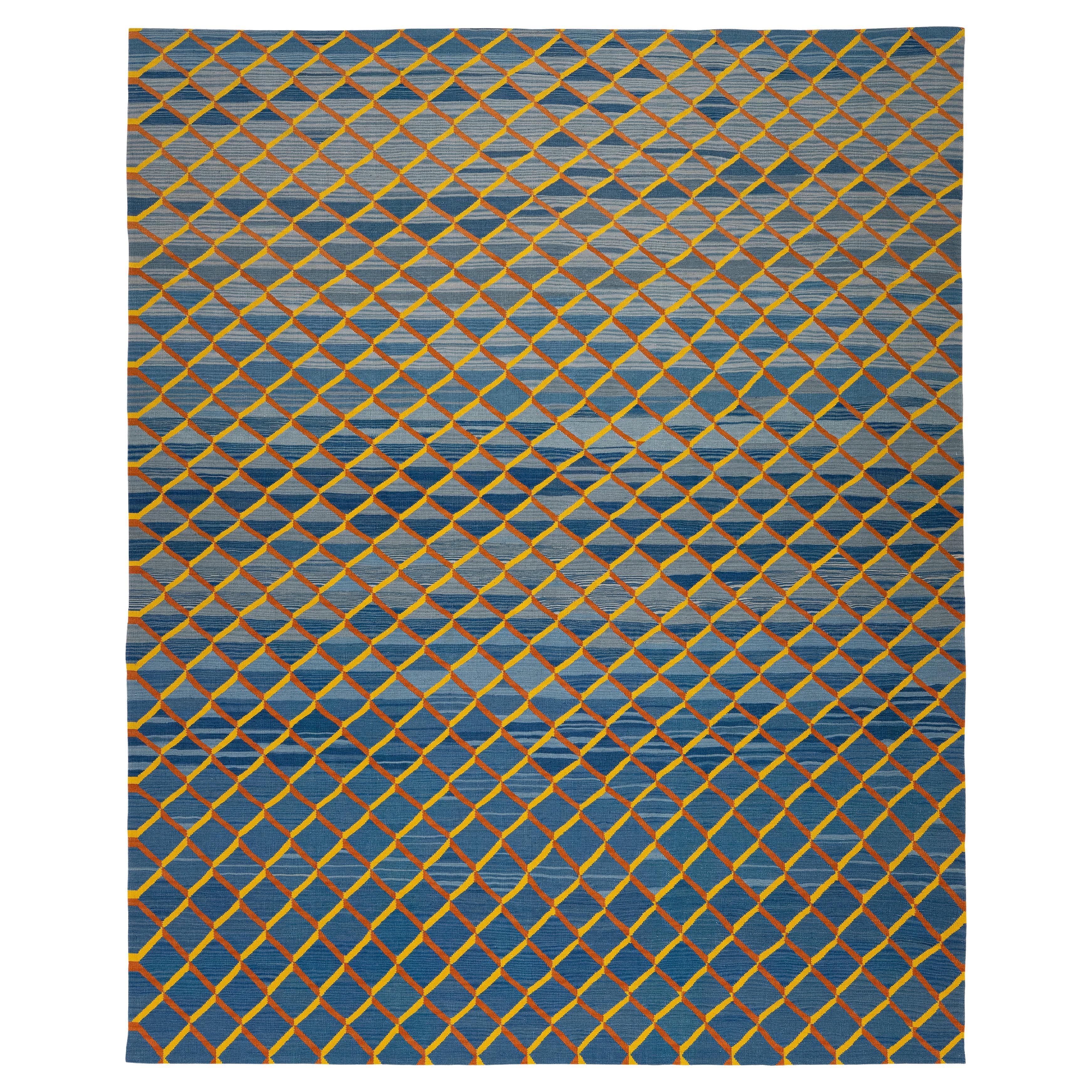 Modern Mazandaran Flatweave Rug — Hand-Spun Wool in Blue
Gold Tones
