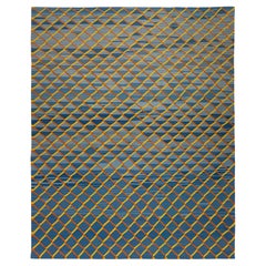 Modern Mazandaran Flatweave Rug — Hand-Spun Wool in Blue
Gold Tones