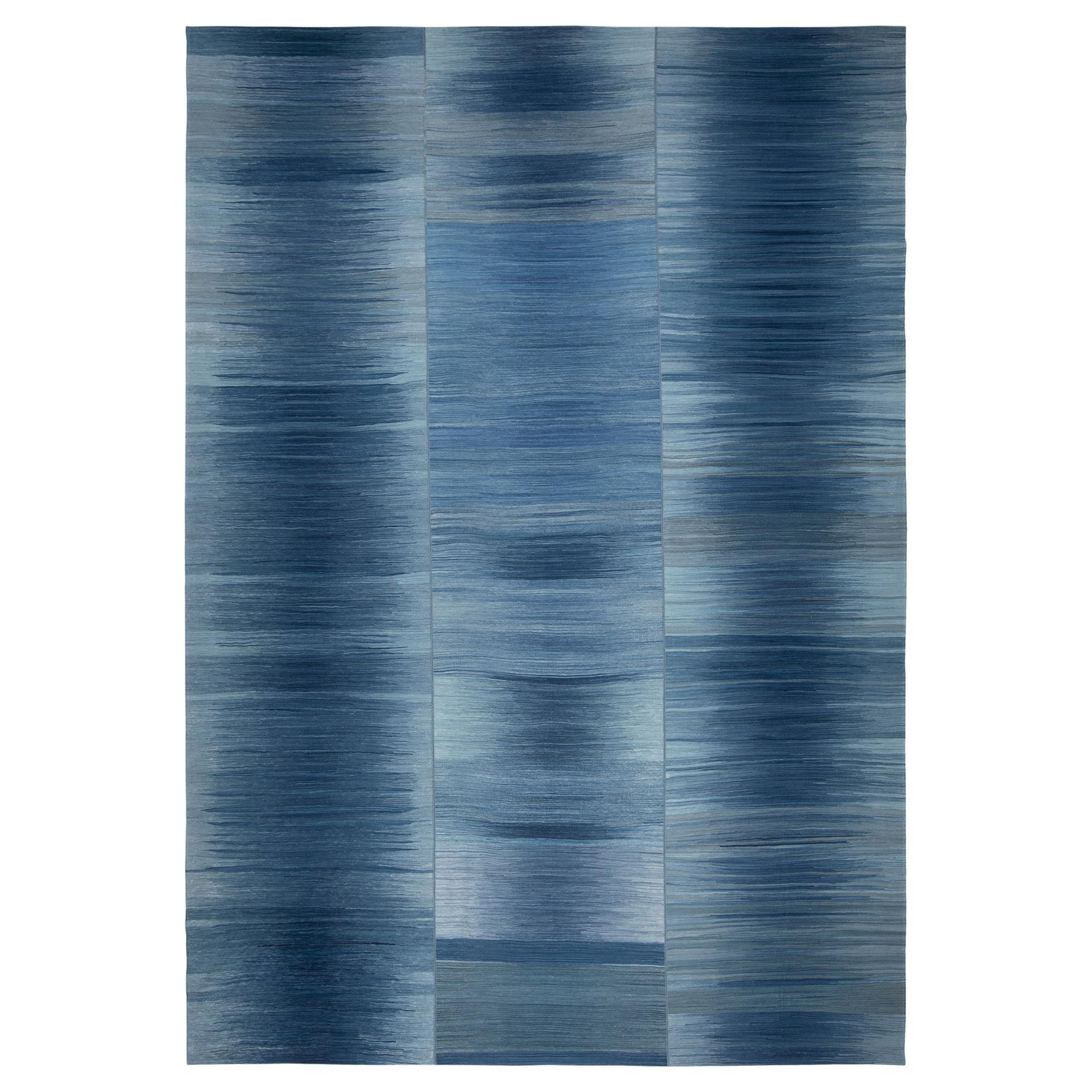 Modern Mazandaran Style Handwoven Flatweave Rug in Shades of Blue