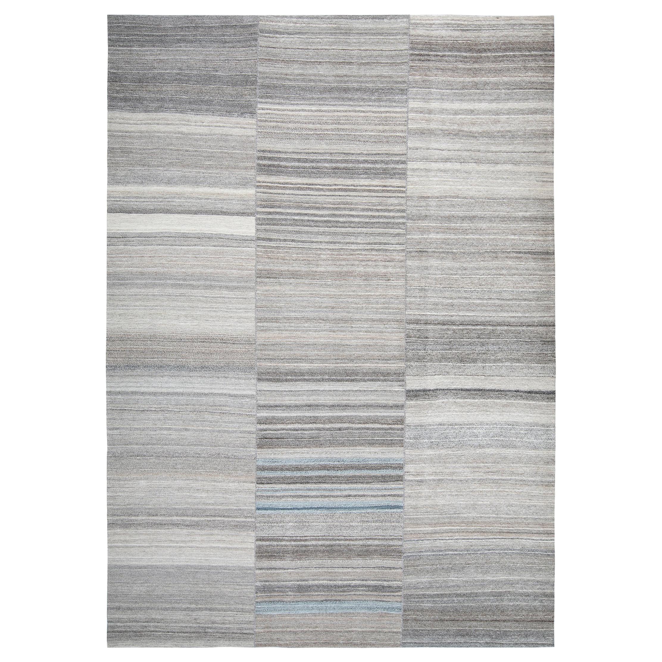 Modern Mazandaran Style Handwoven Flatweave Rug in Natural, Grey and Blue Colors For Sale