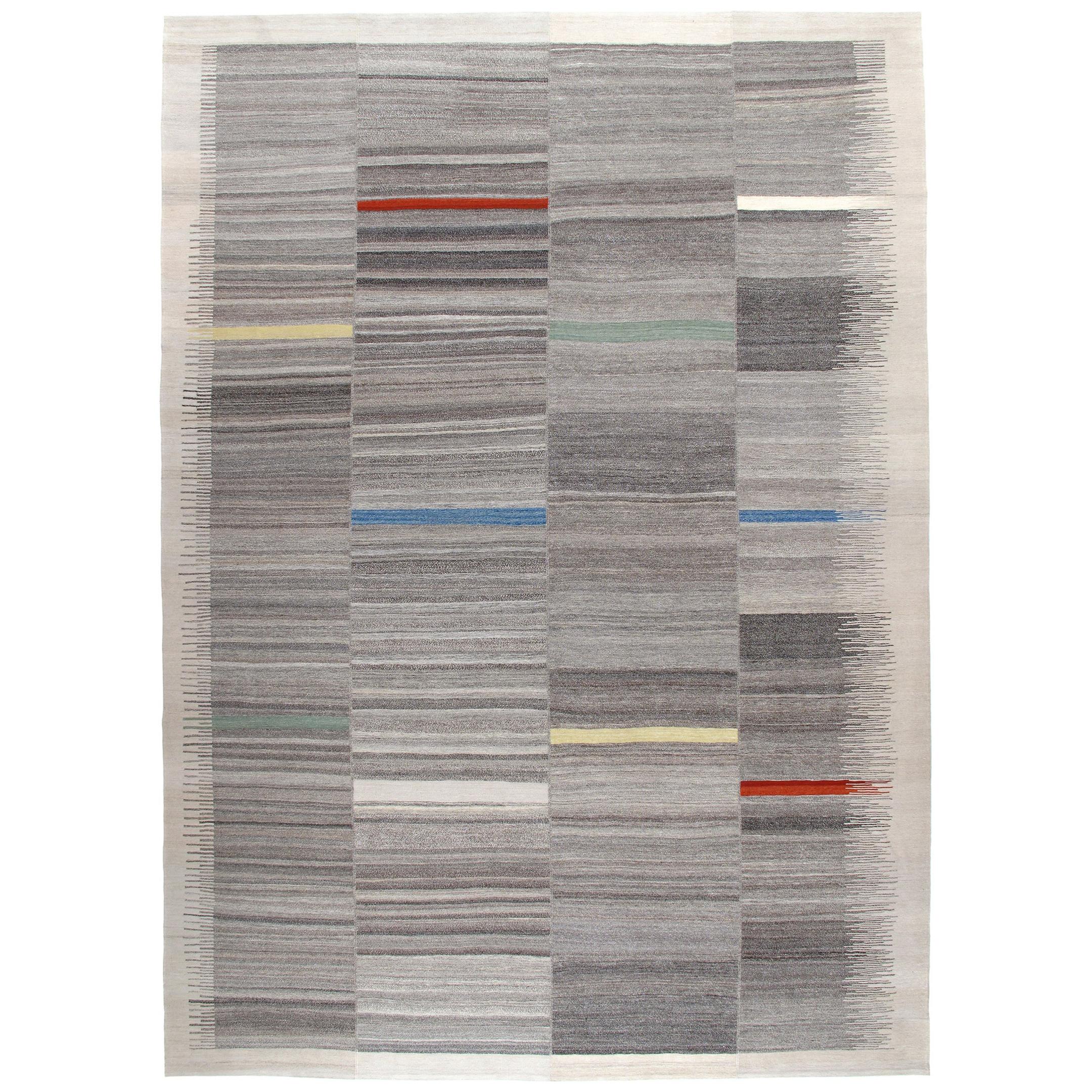 Modern Mazandaran Style Handwoven Flat-Weave Rug in Natural with Multi-Colors