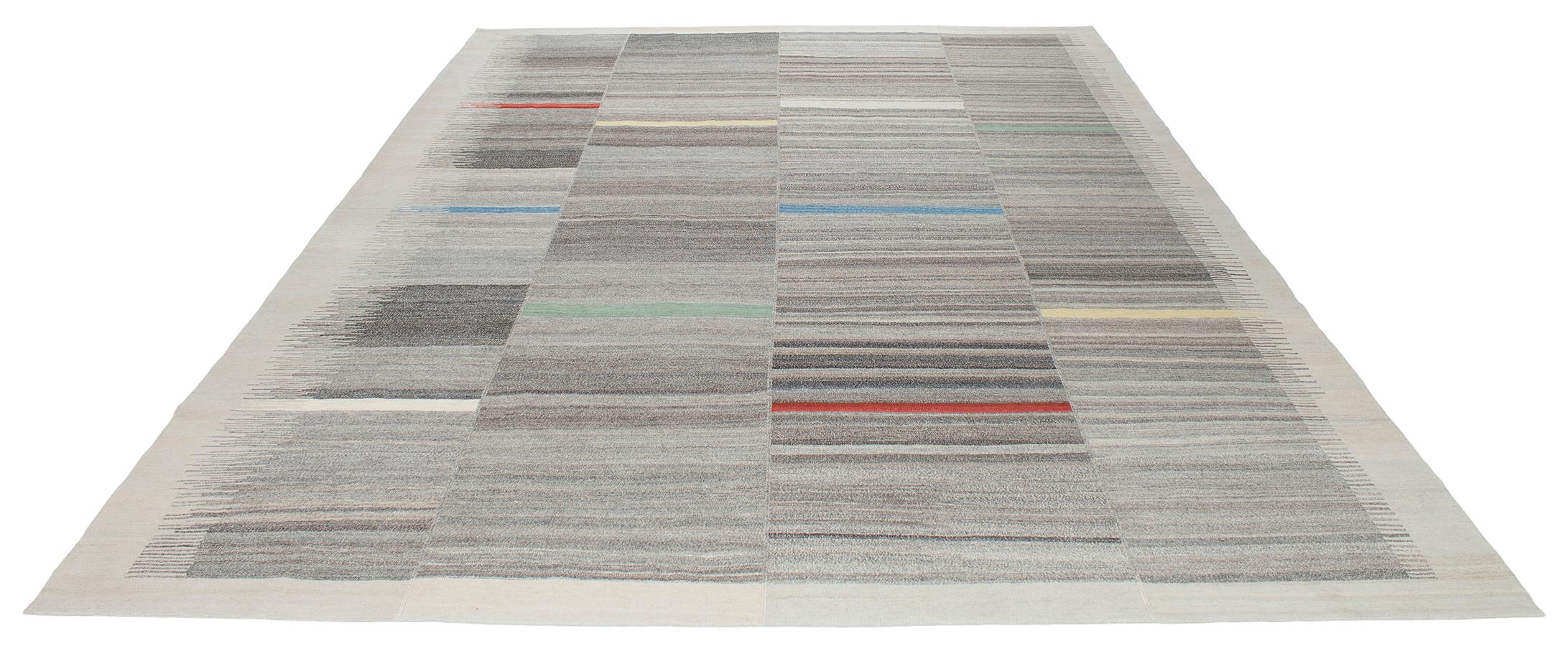 Afghan Modern Mazandaran Style Handwoven Flat-Weave Rug in Natural with Multi-Colors For Sale