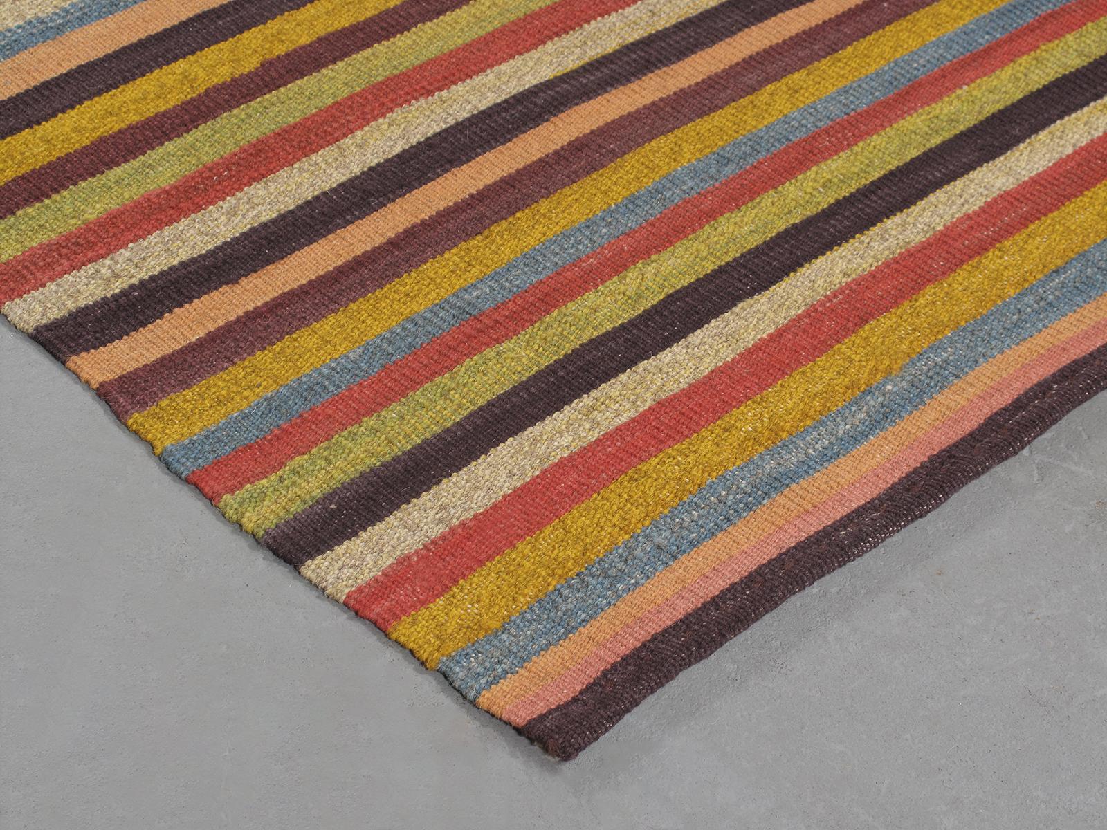 Kilim Modern Mazandaran Style Handwoven Flatweave Stripe Rug in Multi-Color