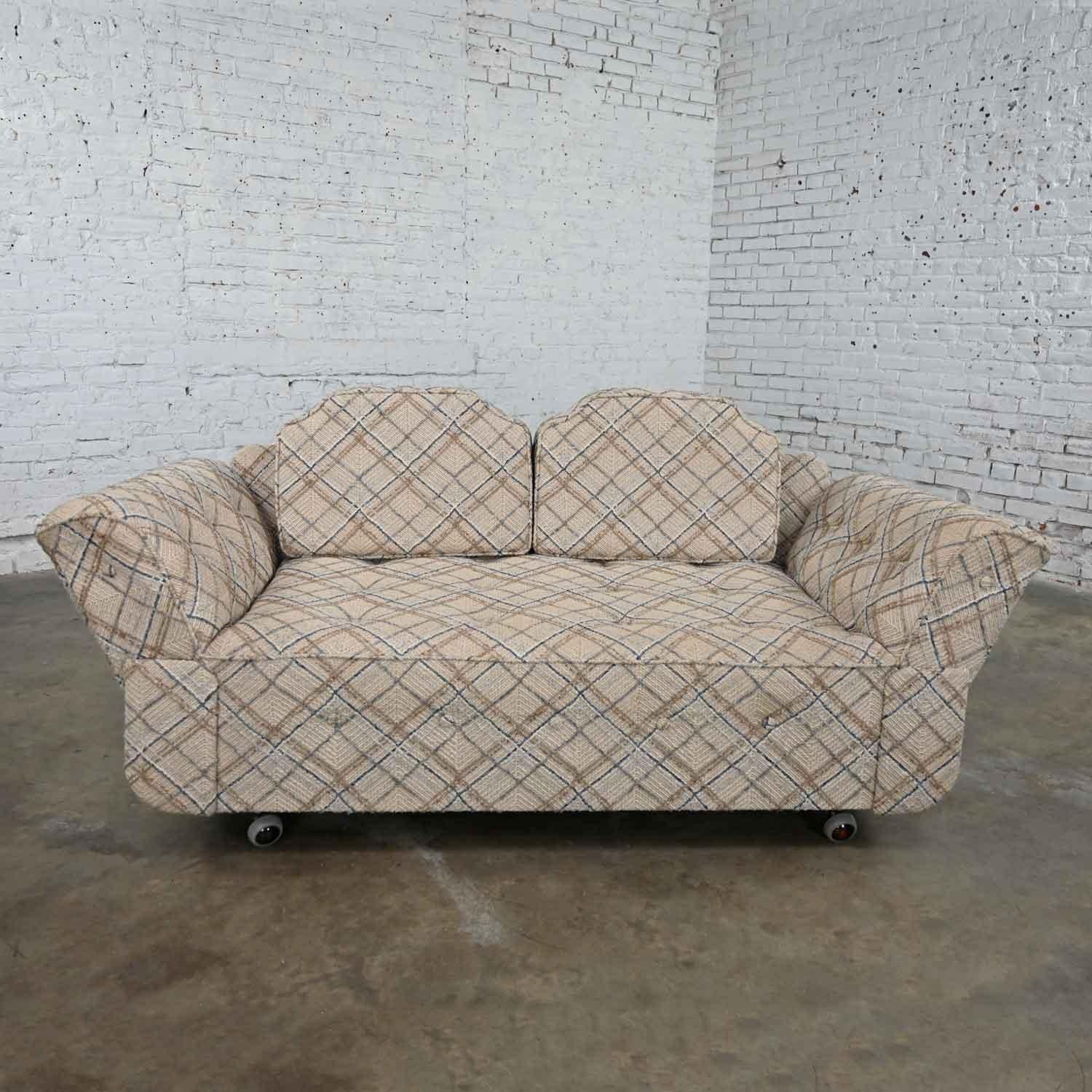 Modern-MCM Oatmeal Blue Brown Plaid Convertible Love Seat Sofa Daybed or Chaise In Good Condition In Topeka, KS