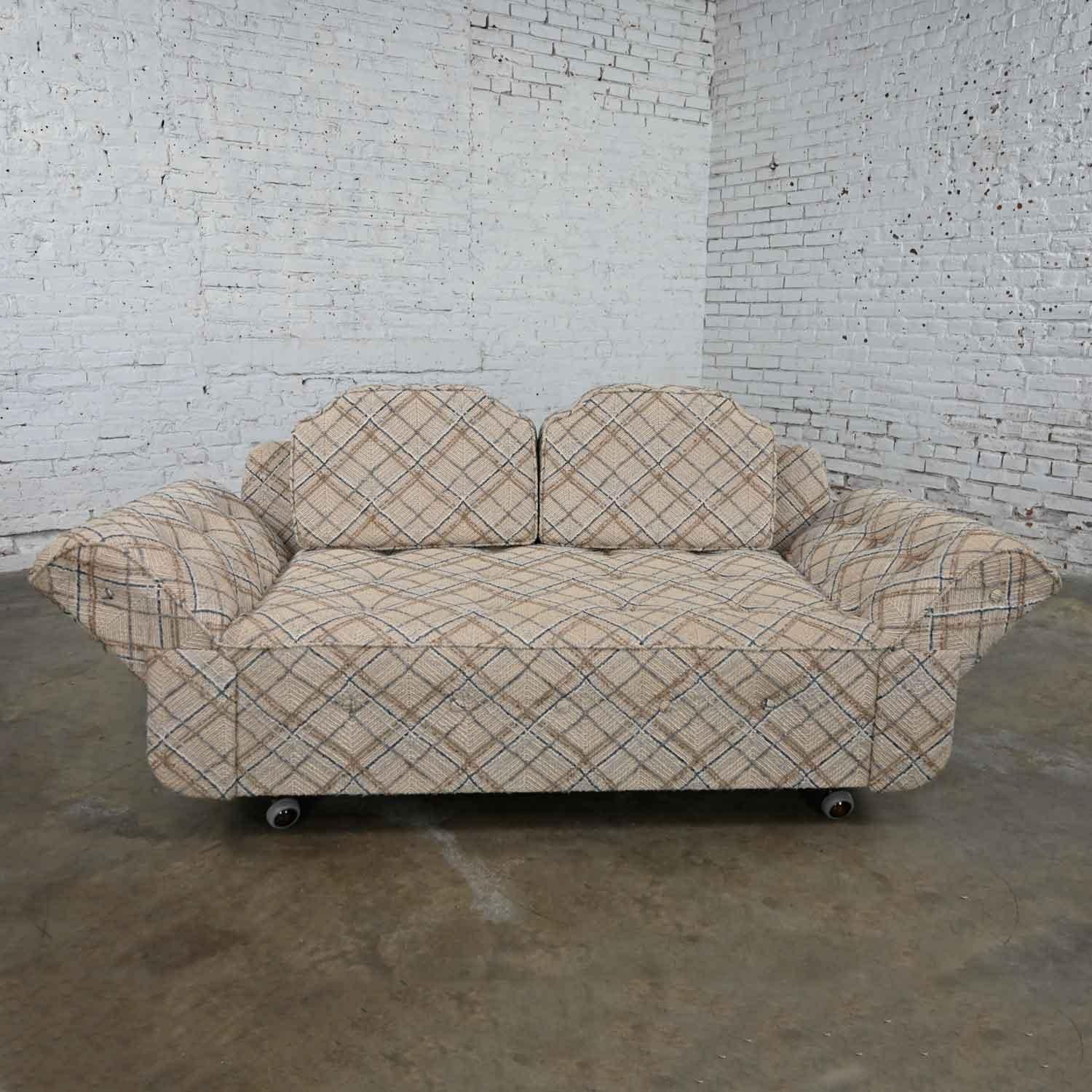 20th Century Modern-MCM Oatmeal Blue Brown Plaid Convertible Love Seat Sofa Daybed or Chaise