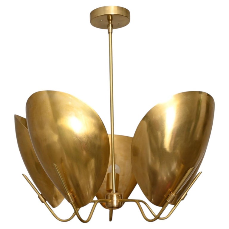 Modern MCM Style 5 Arms Oversize Scoop Chandelier in Raw Brass
