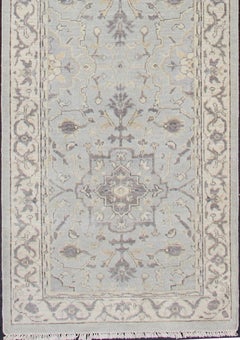 Modern Medallion Oushak Runner in Seafoam Green, Gray, Cream, Charcoal