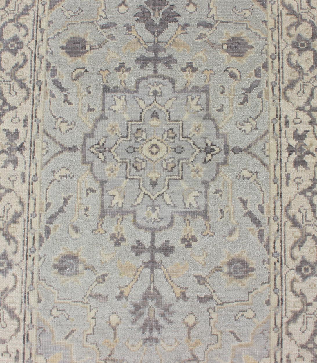 Modern Medallion Oushak Runner in Seafoam Green, Gray, Cream, Charcoal  In Excellent Condition For Sale In Atlanta, GA
