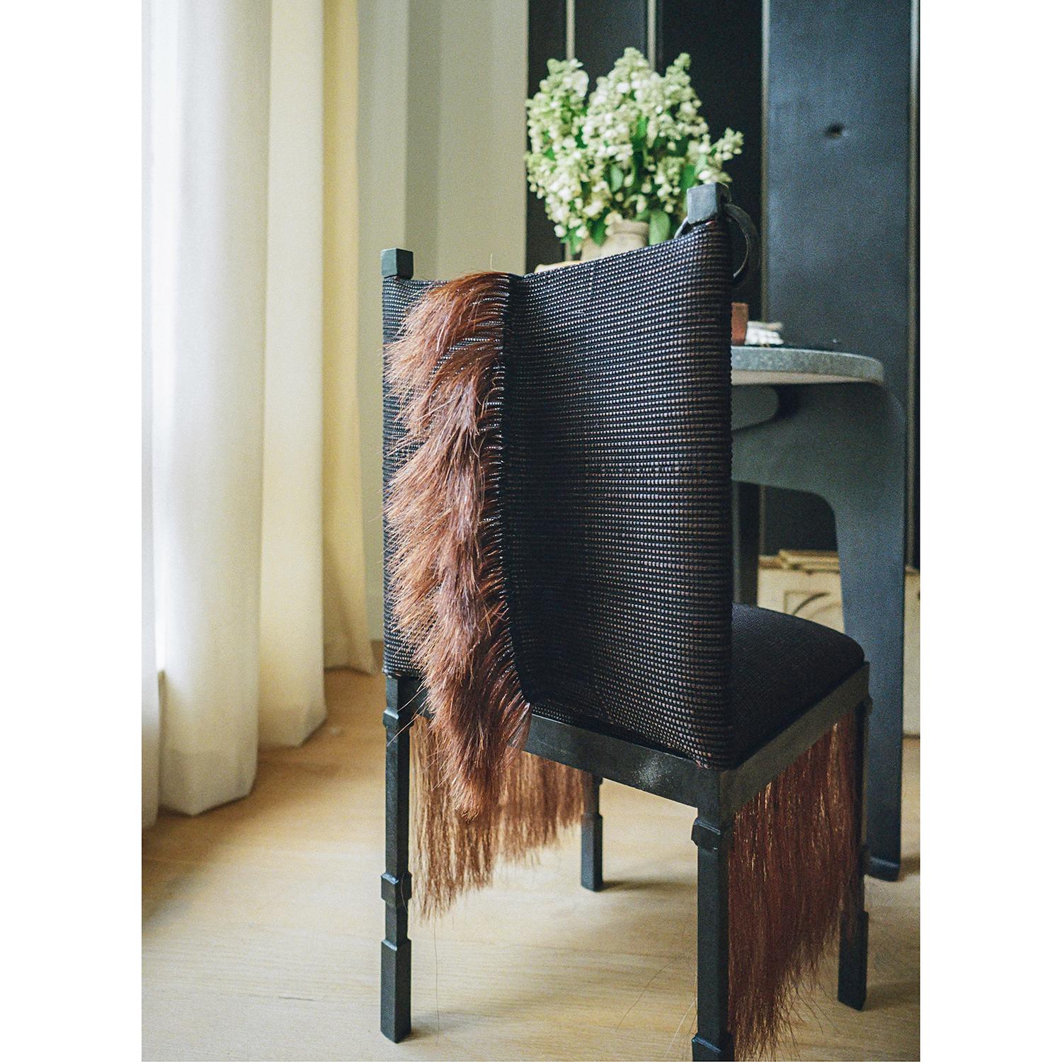 Steel Side Chair Modern Medieval Handmade Horsehair Iron Handwoven Fringe Accent Mane For Sale