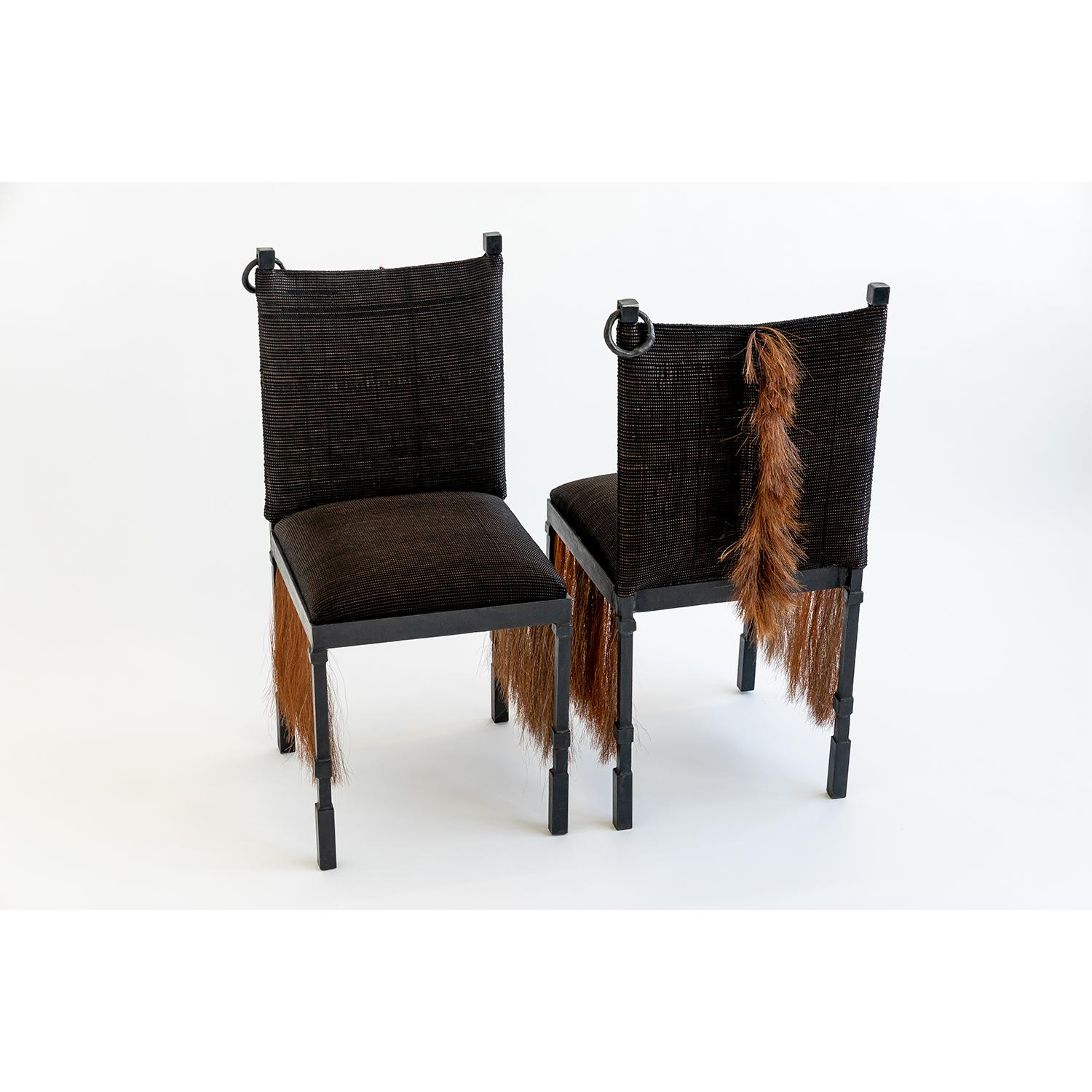 Hand-Woven Side Chair Modern Medieval Handmade Horsehair Iron Handwoven Fringe Accent Mane For Sale