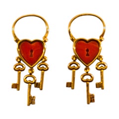 Modern Mediterranean Red Coral Yellow Gold Lever-Back Dangle Earrings