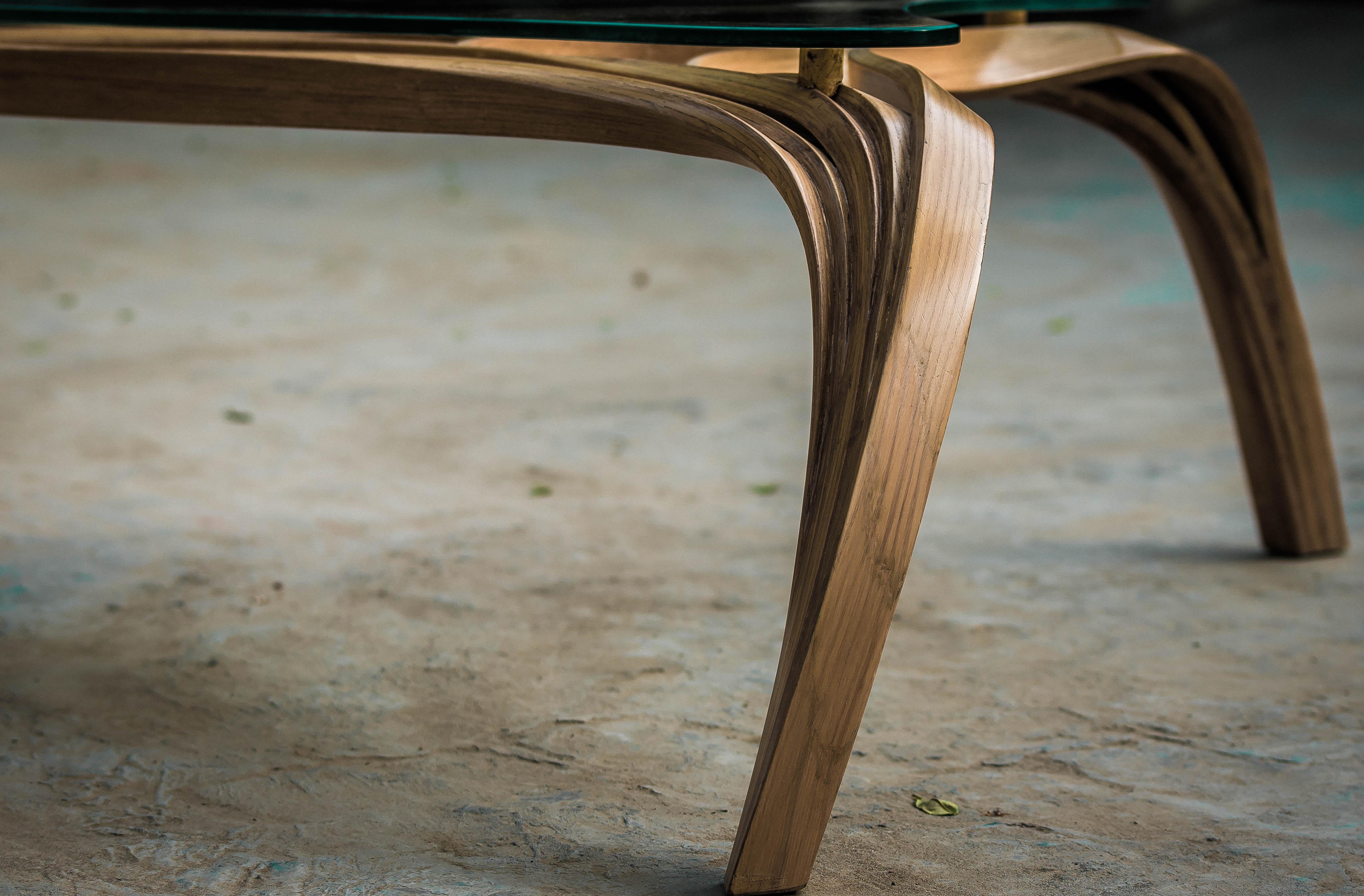 Hand-Crafted Modern Bent Wood Coffee Table with Safety Glass Top by Raka Studio For Sale