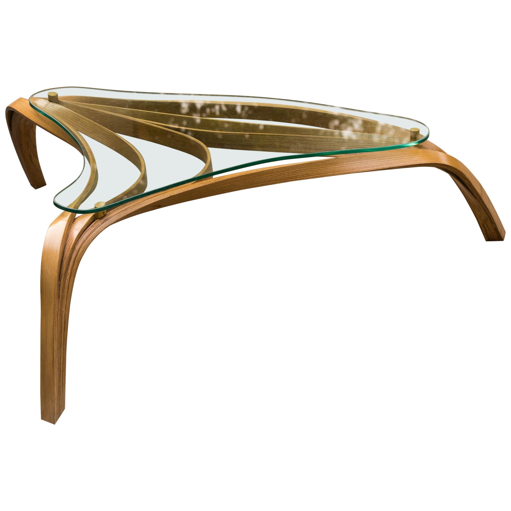 Modern Bent Wood Coffee Table with Safety Glass Top by Raka Studio