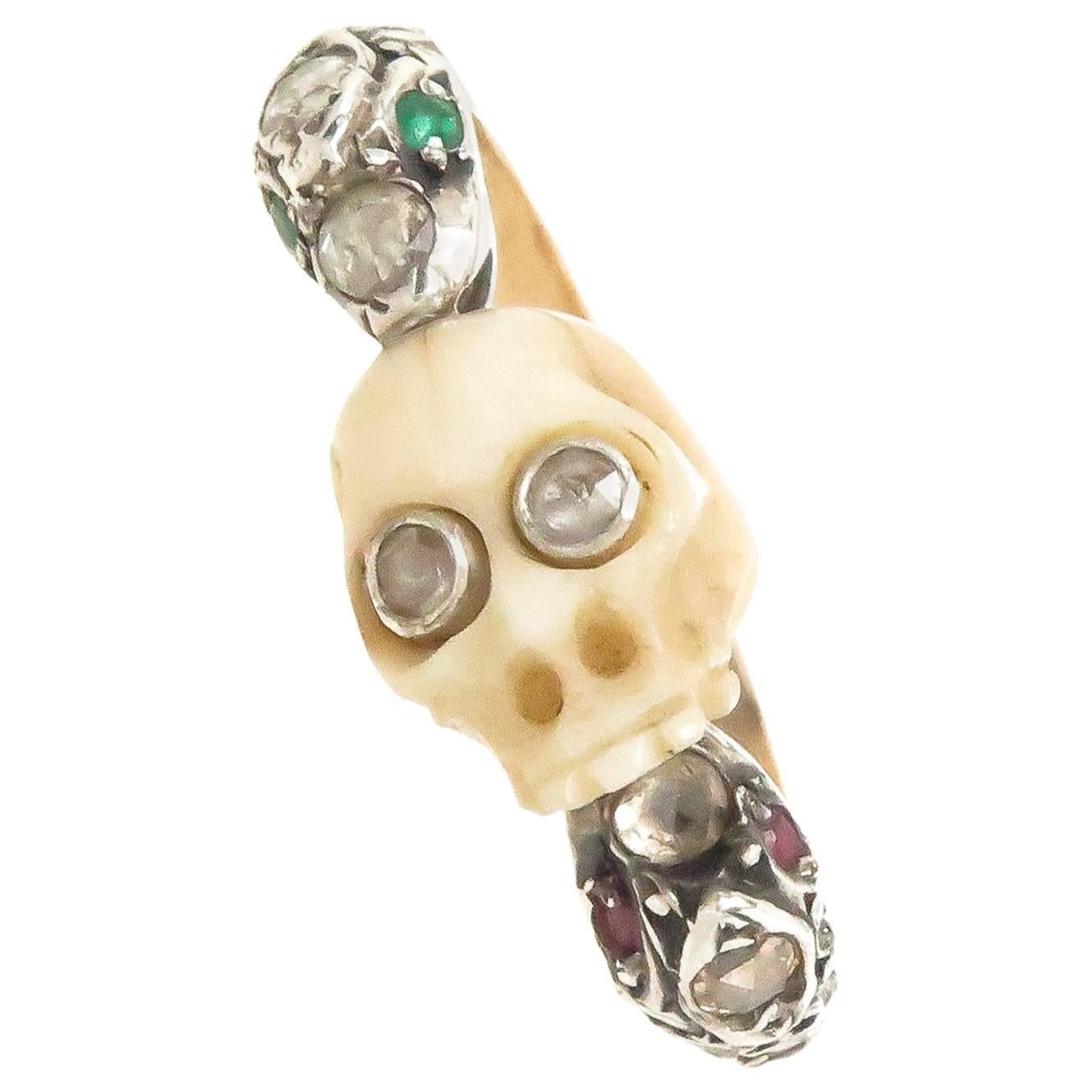 Memento Mori Gold and Gemstone Skull Ring