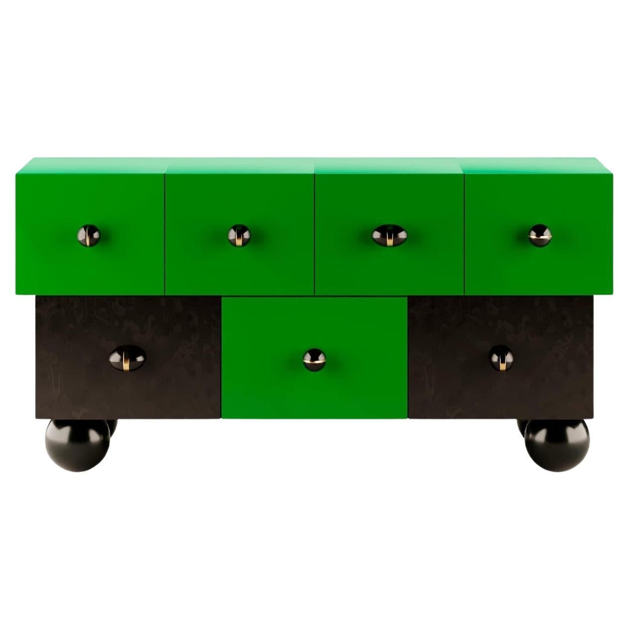 Modern Memphis Design Style Sideboard Lacquered in Bottega Green and Black Matt  For Sale