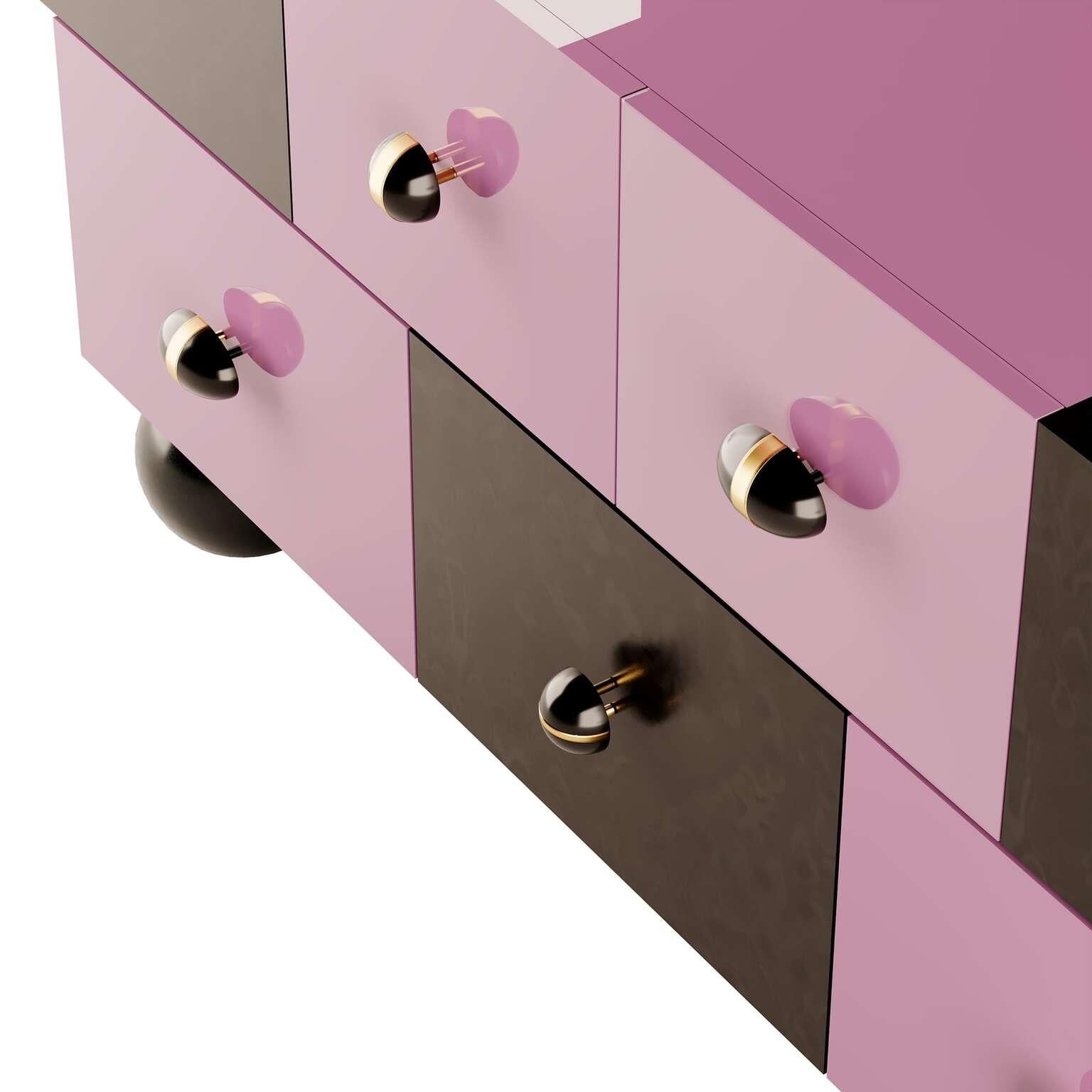 Modern Memphis Design Style Sideboard Lacquered in Lilac and Black Matt 
The Matrioska Chest of Drawers Green is a visual wonder — from its exquisite craftsmanship to its bold impact. The Matrioska chest presents a rich combination of lilac and