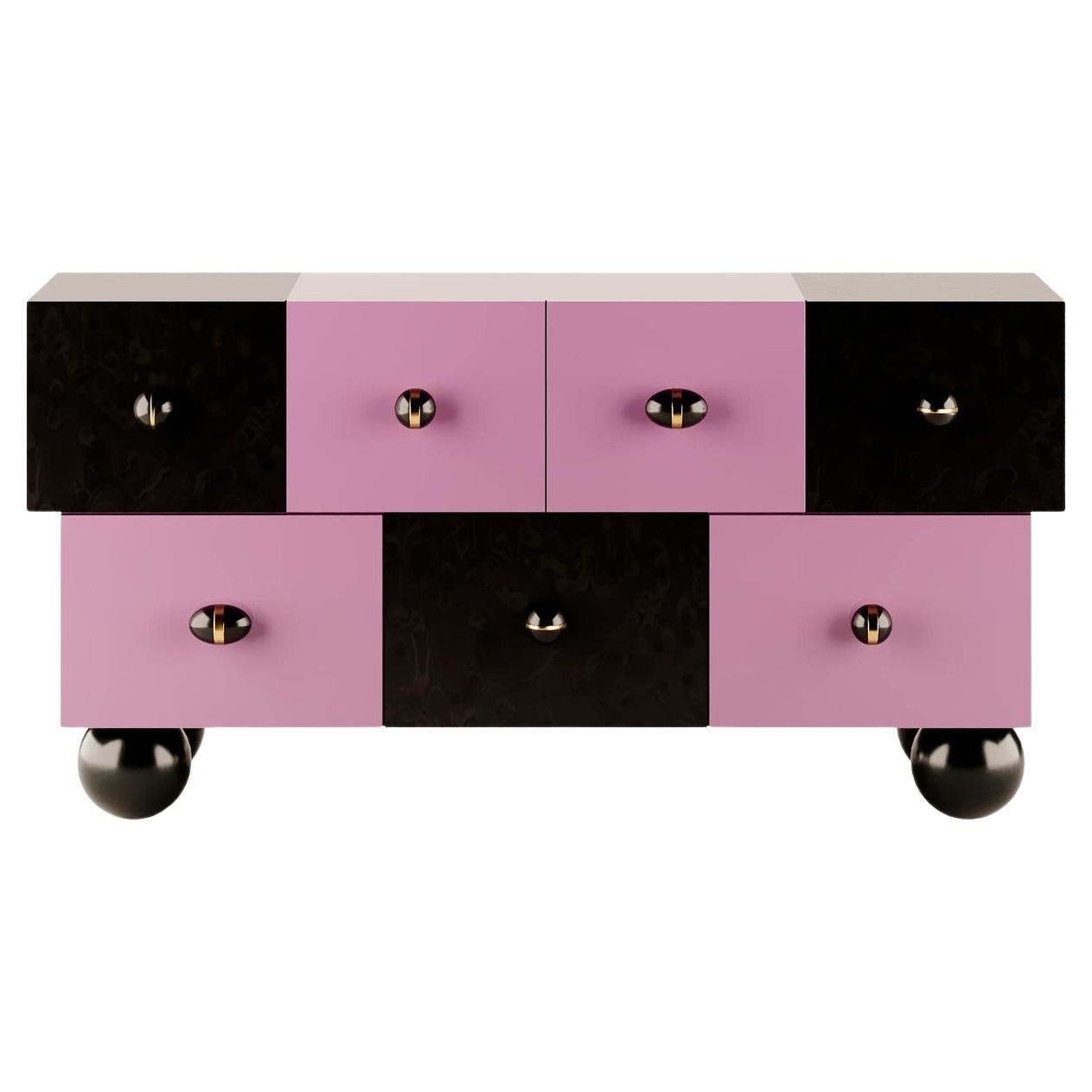 Modern Memphis Design Style Sideboard Lacquered in Lilac and Black Matt  For Sale