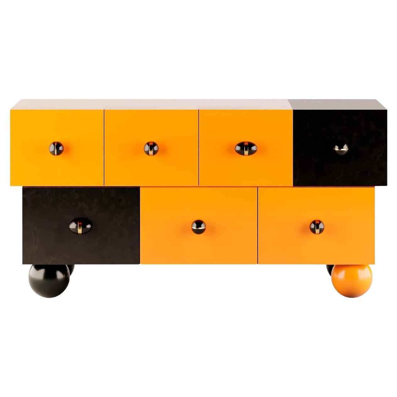 Modern Memphis Design Style Sideboard Lacquered in Yellow and Black Matt 