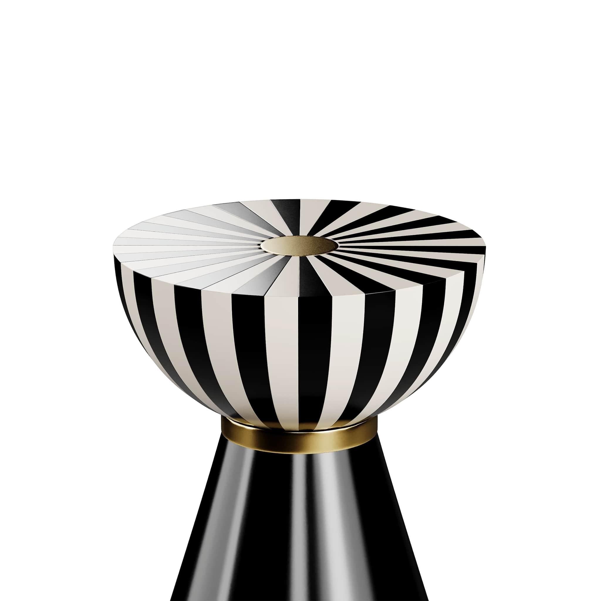 Modern round side table black & white top, gold stainless steel details

Fuschia II side table is the ideal cocktail table for living rooms with whimsical elegance. With layers of brave shapes and bold textures, Fuschia II is Postmodern design at