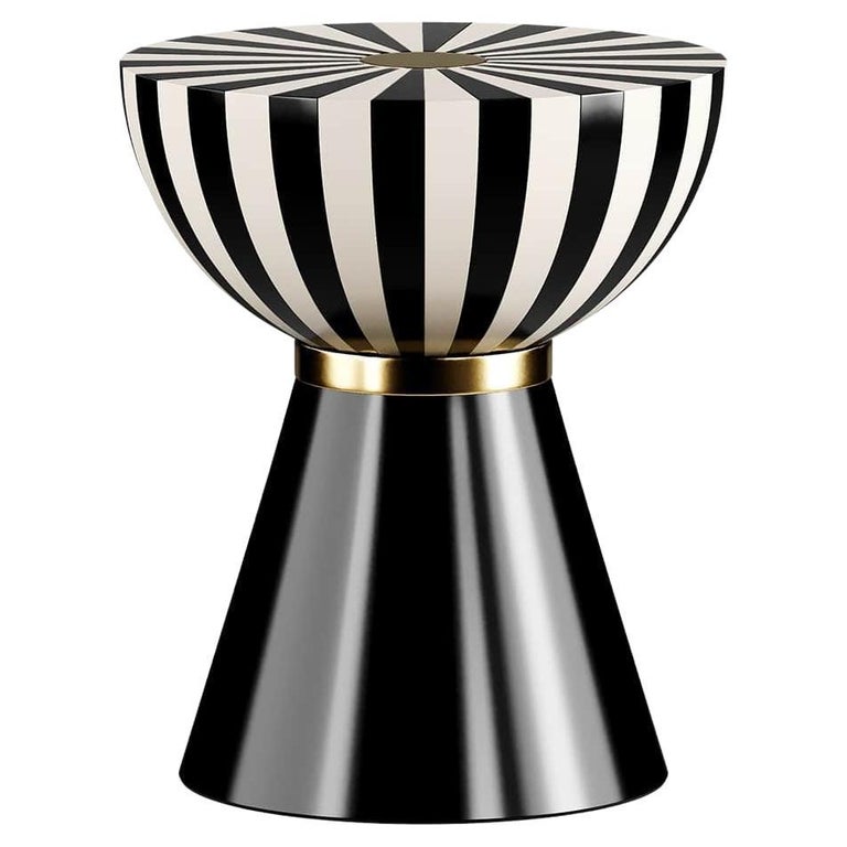 Modern Round Side Table Black and White Top, Gold Stainless Steel
