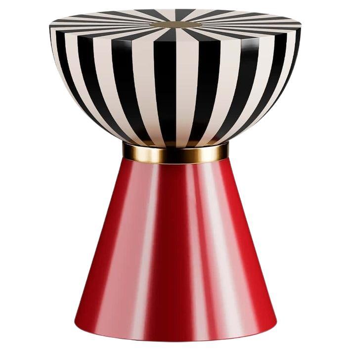 Table d'appoint ronde moderne, dessus noir et blanc, base rouge, or  Détails en vente