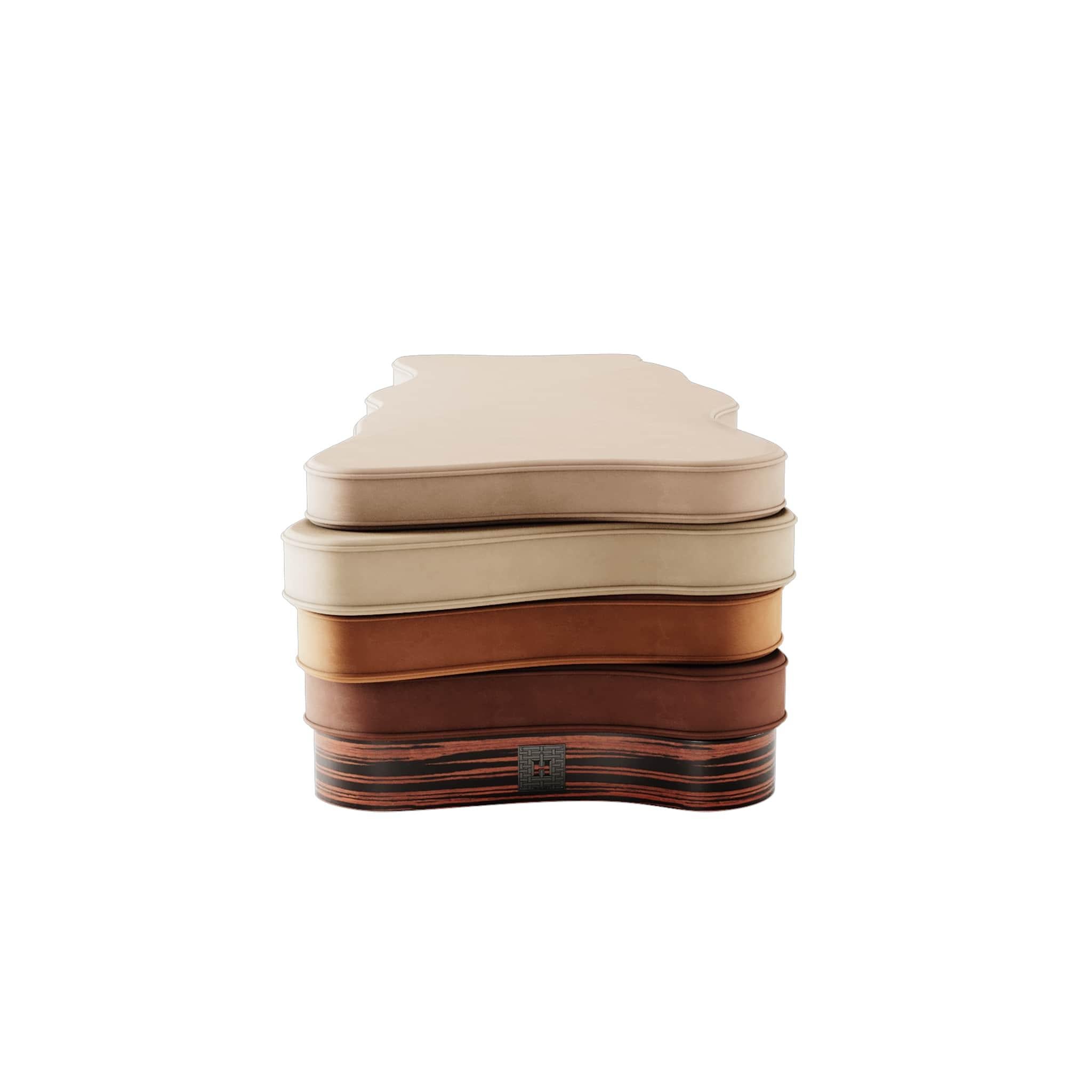 Hand-Crafted Modern Cream Gradient Velvet Wave Bench Ebony Veneer Base For Sale
