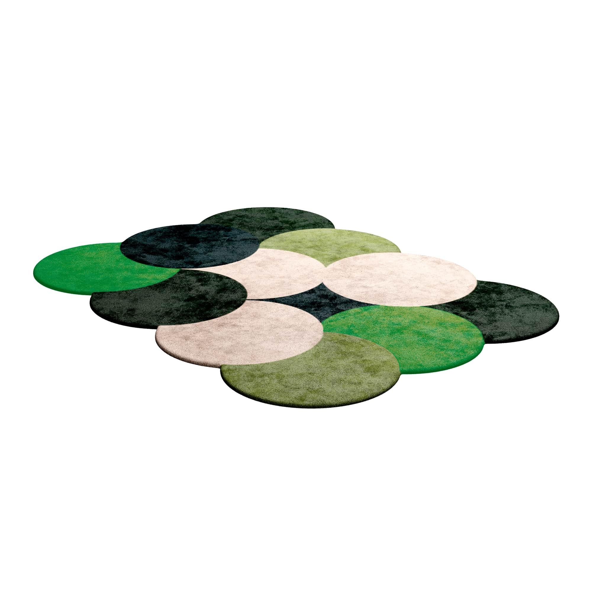 Modern Memphis Style Rectangular Hand-Tufted Circle Patterned Rug Green 
Tapis Shaped #050 is a green rug part of a collection of trendy rugs with modern flair for timeless interiors.
With a whimsical palette of trendy hues, the modern green rug