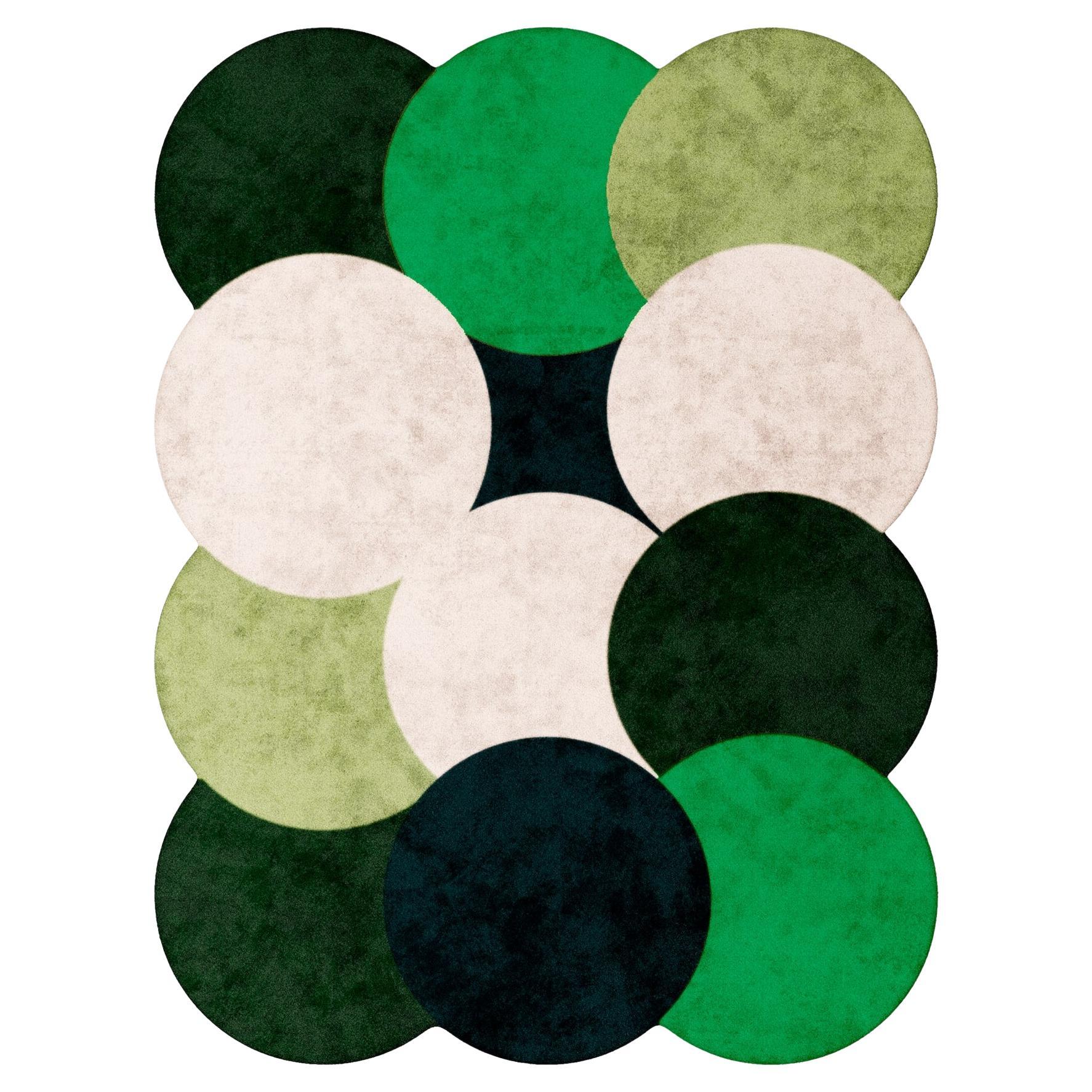Moderner rechteckiger handgetufteter Teppich im Memphis-Stil, Kreis-Muster, Grün  im Angebot