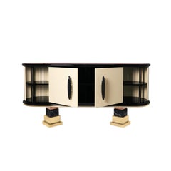 Modern Sideboard With Red Marble Top, Beige and Black Lacquer & Brass Details