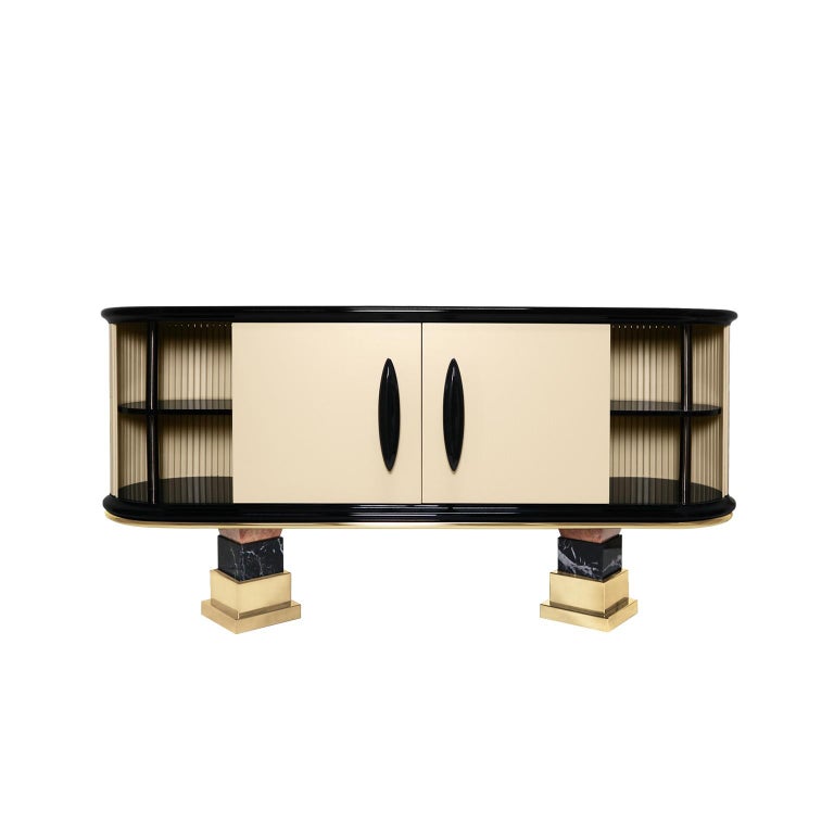 Portuguese Modern Sideboard With Red Marble Top, Beige and Black Lacquer & Brass Details For Sale