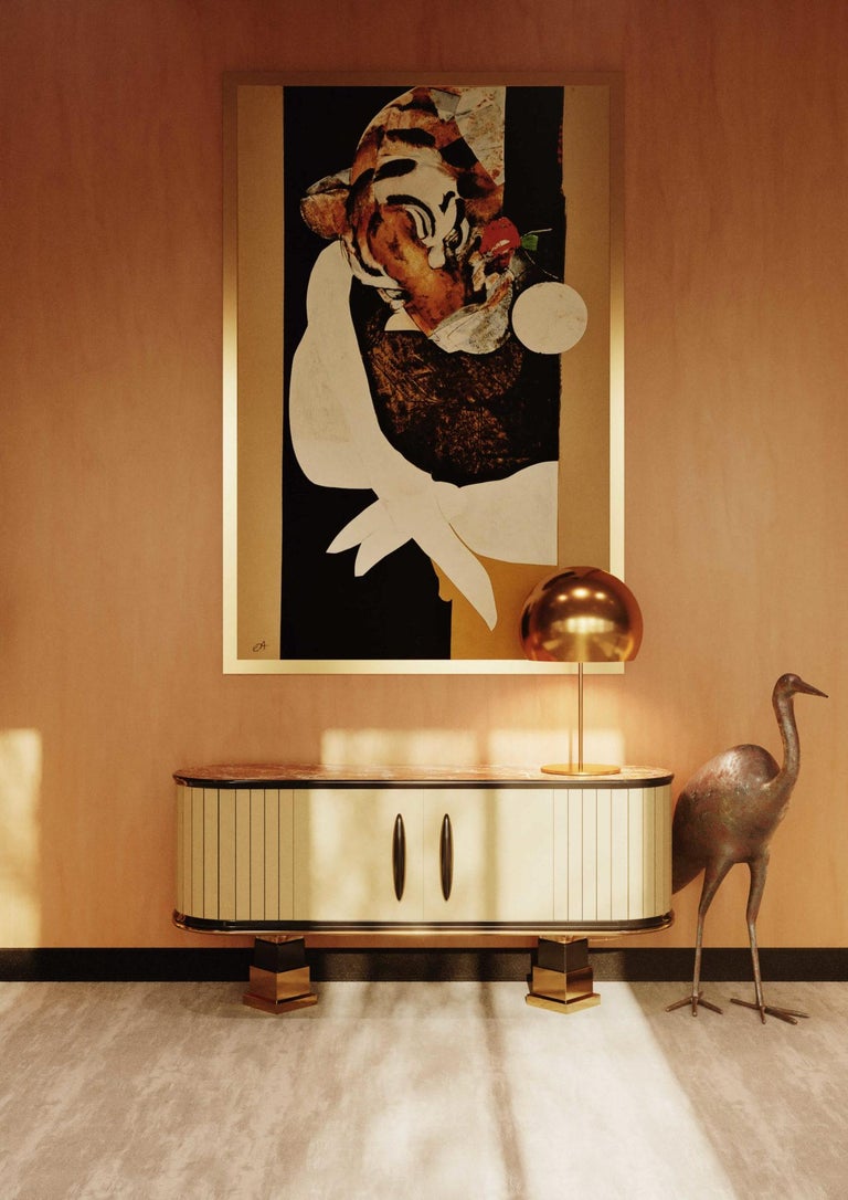 Modern Sideboard With Red Marble Top, Beige and Black Lacquer & Brass Details For Sale 1