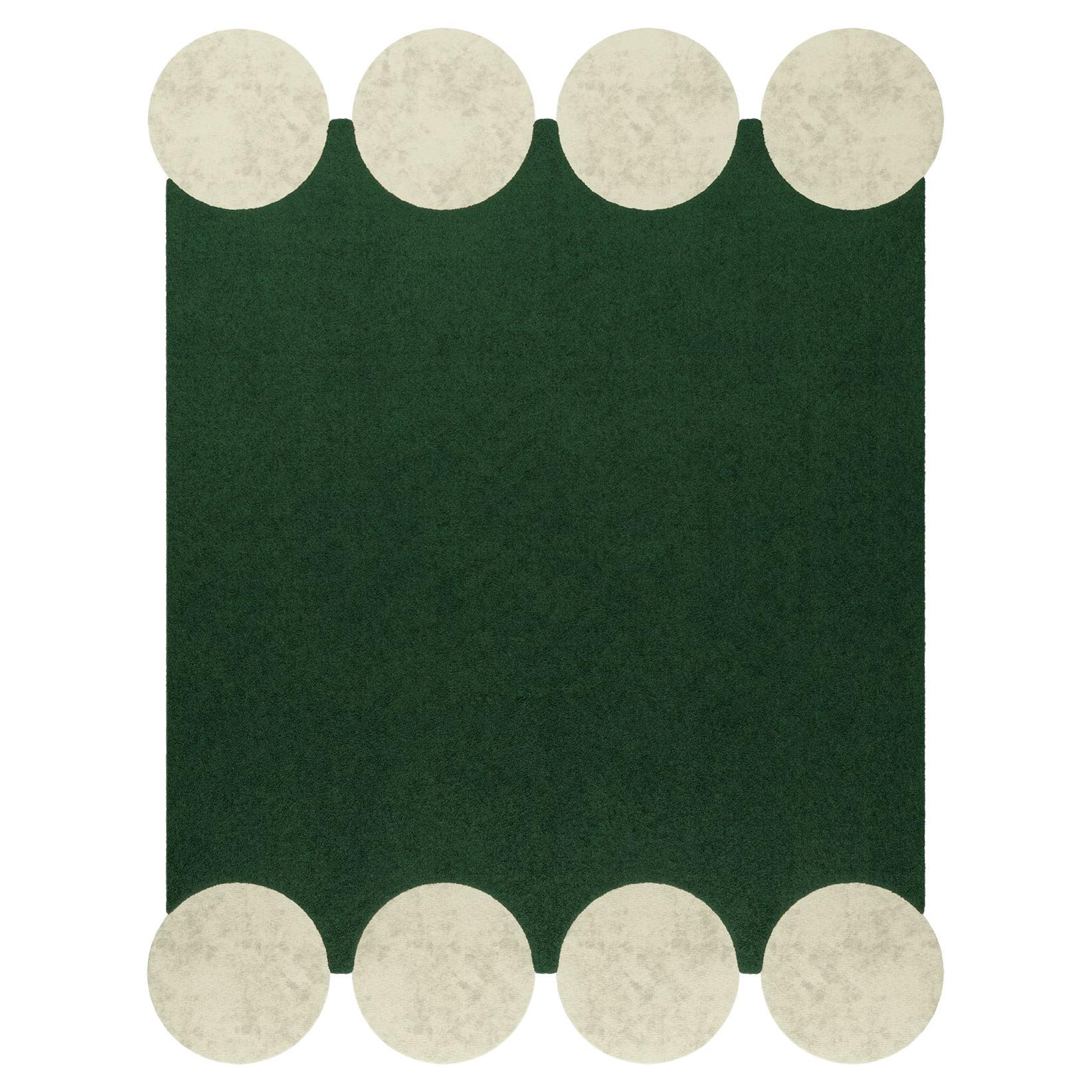 Moderner quadratischer handgetufteter Teppich im Memphis-Stil, grün mit weißem Kreismuster, handgetuftet im Angebot