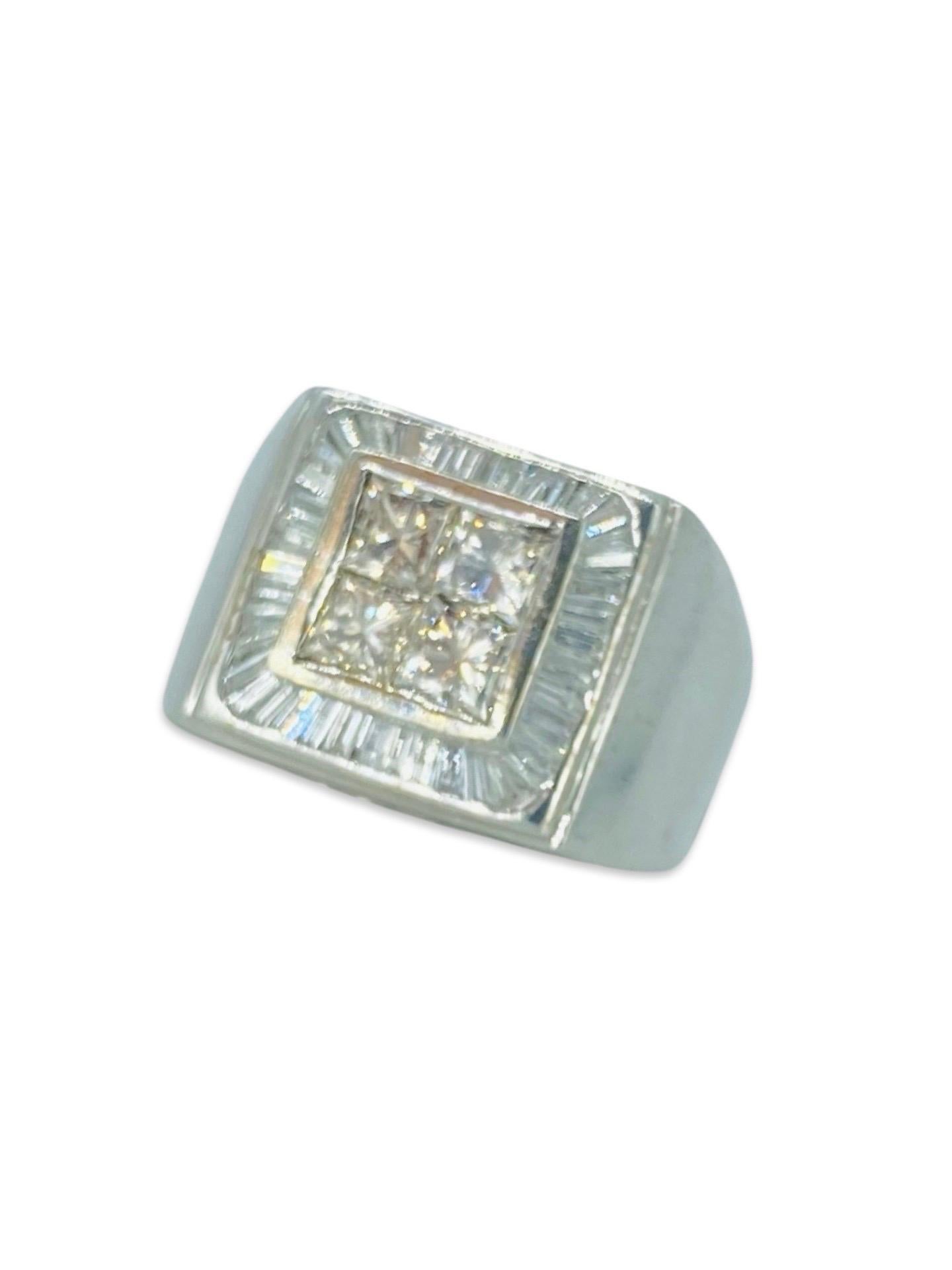 Modern Men’s 1.50 Carat Fancy Champagne & White Diamonds Ring 14k White Gold: princess cut diamonds total approx 1.32 and white baguette diamonds total approx 0.18tcw for a total of 1.50tcw in natural diamonds. The ring is a size 8.25 and weights