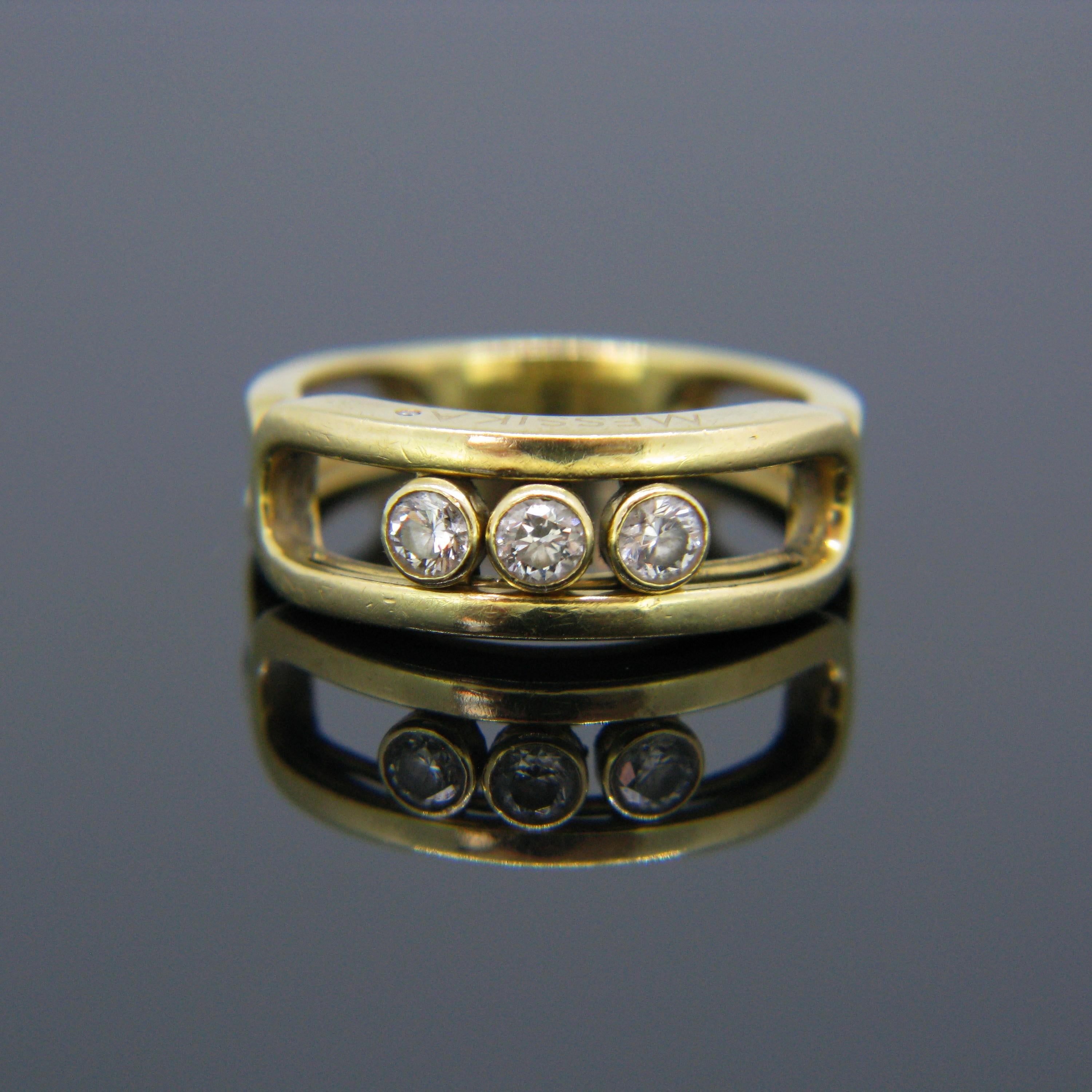 Weight:	4.5gr

Metal:		18kt yellow gold

Stone:	3 Diamonds
•	Total carat weight:	0.25ct approximately
•	Cut: 	Brilliant

Hallmarks:	French – Eagle’s head 

Condition:	Very Good

Comments: 	This ring is fully handcrafted in 18kt yellow gold and is