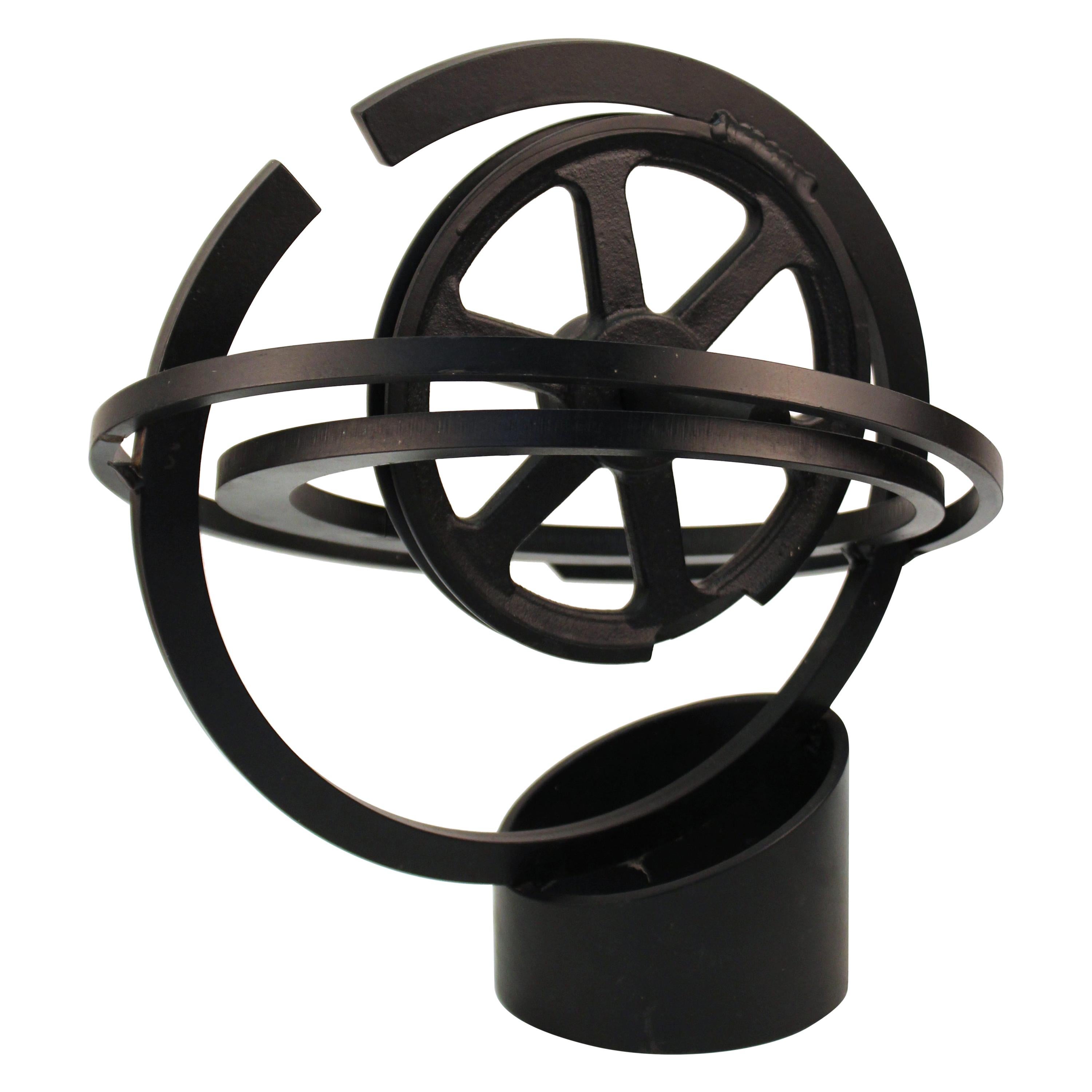 Modern Metal Abstract Mechanic Sculpture With Metal Wheel